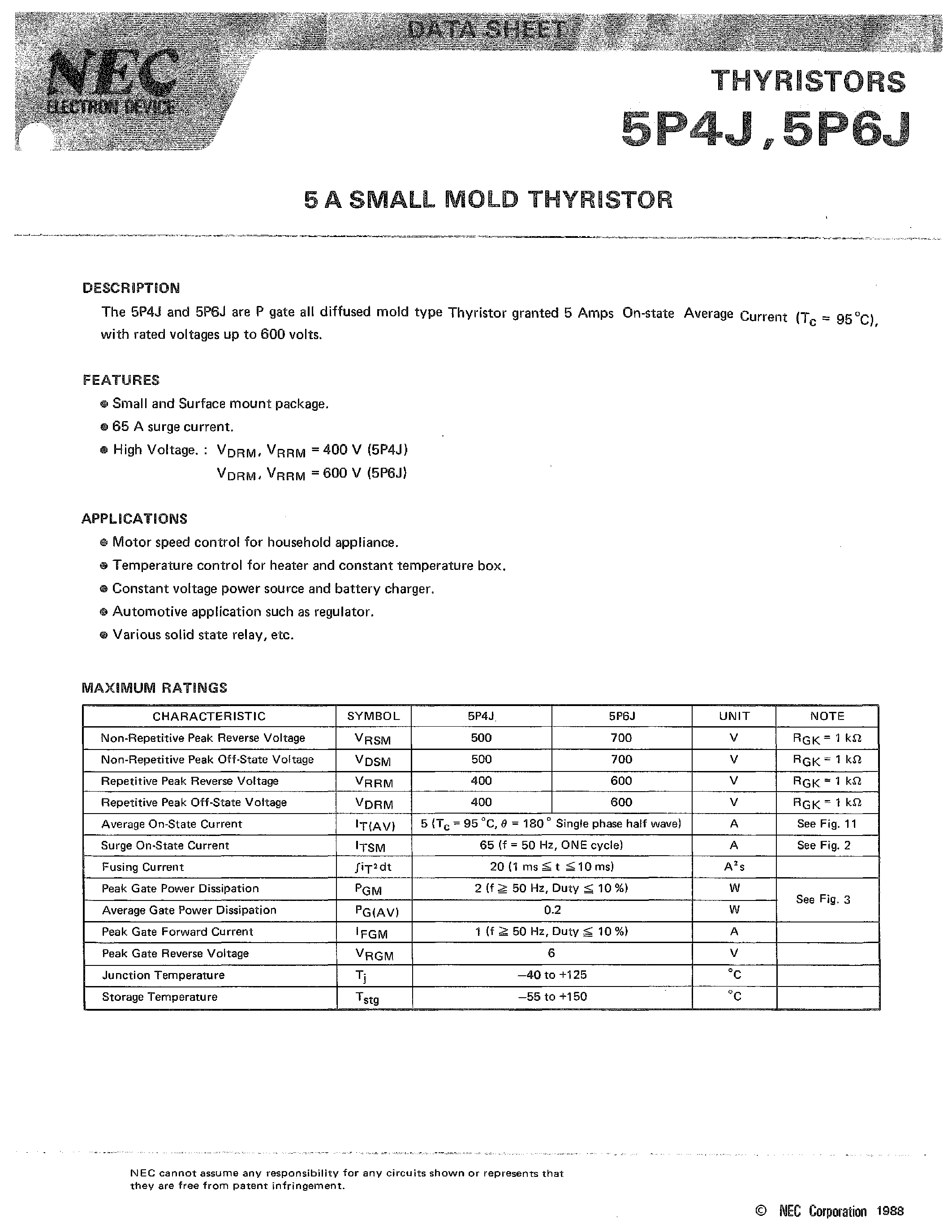 Datasheet 5P6J - 5 A SMALL MOLD THYRISTOR page 1
