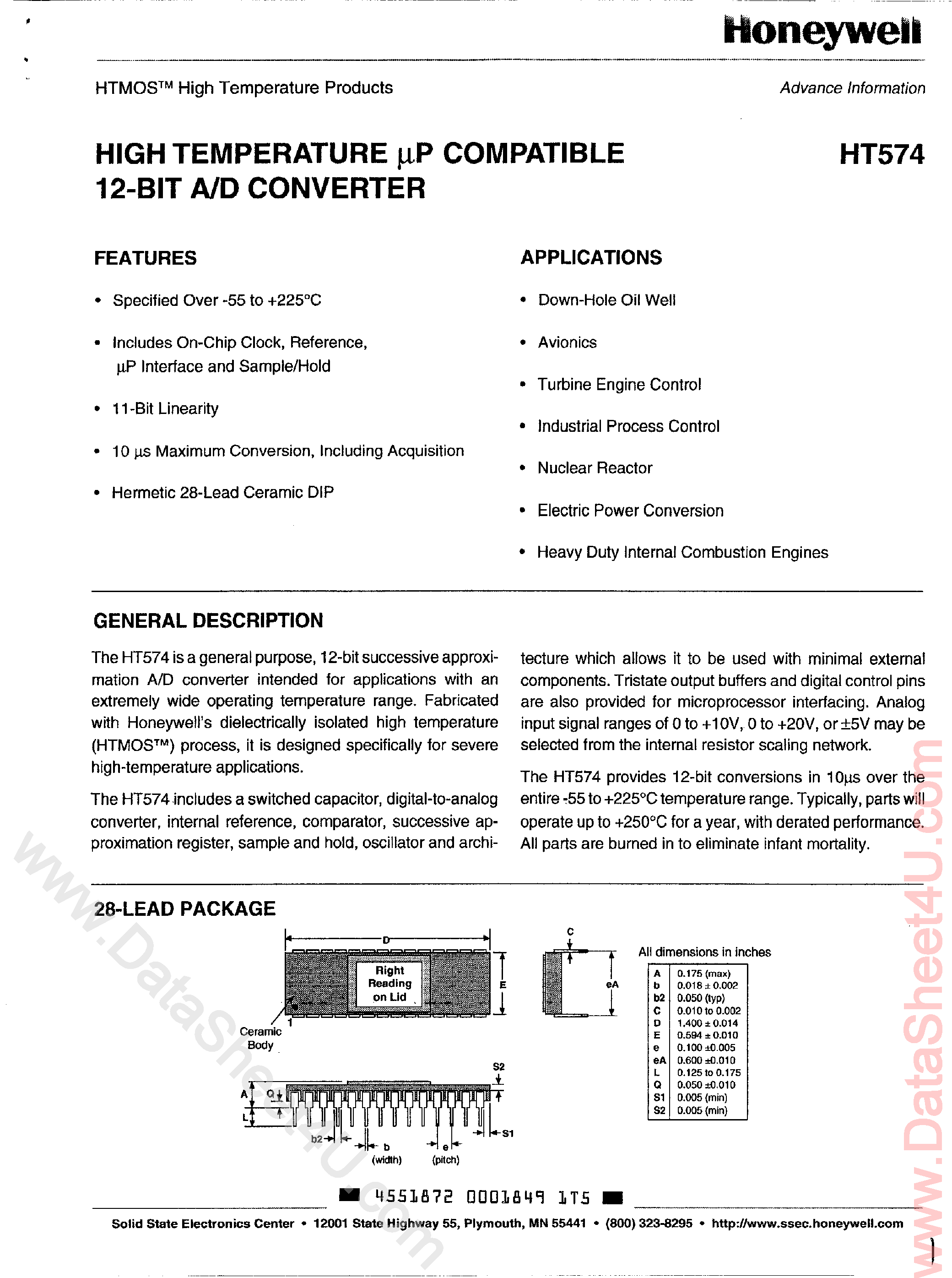 Datasheet HADC574 - High Temperature uP Compatible 12-Bit A/D Converter page 1