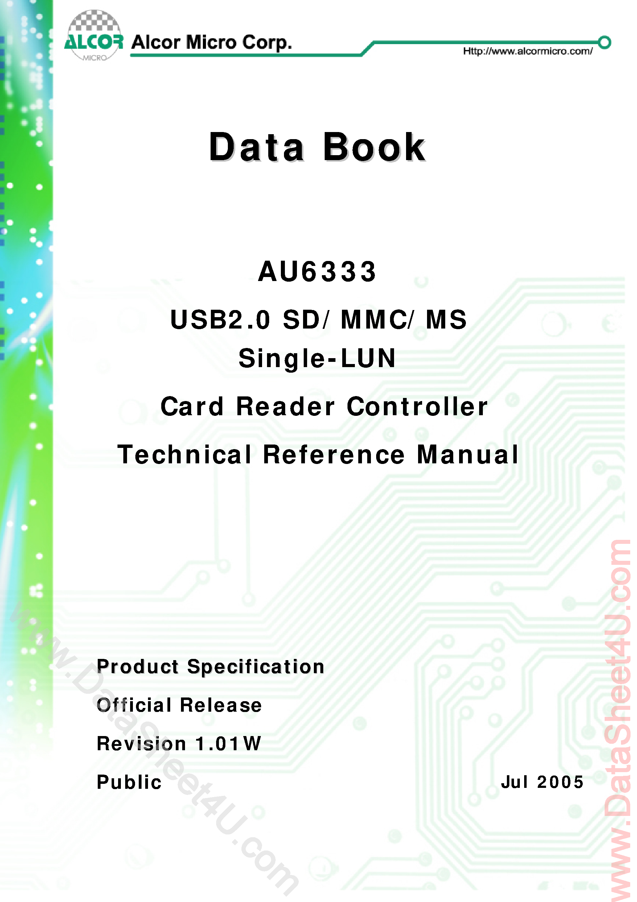 Datasheet AU6333 - USB 2.0 SD/MMC/MS Single-LUN Card Reader Controller page 1