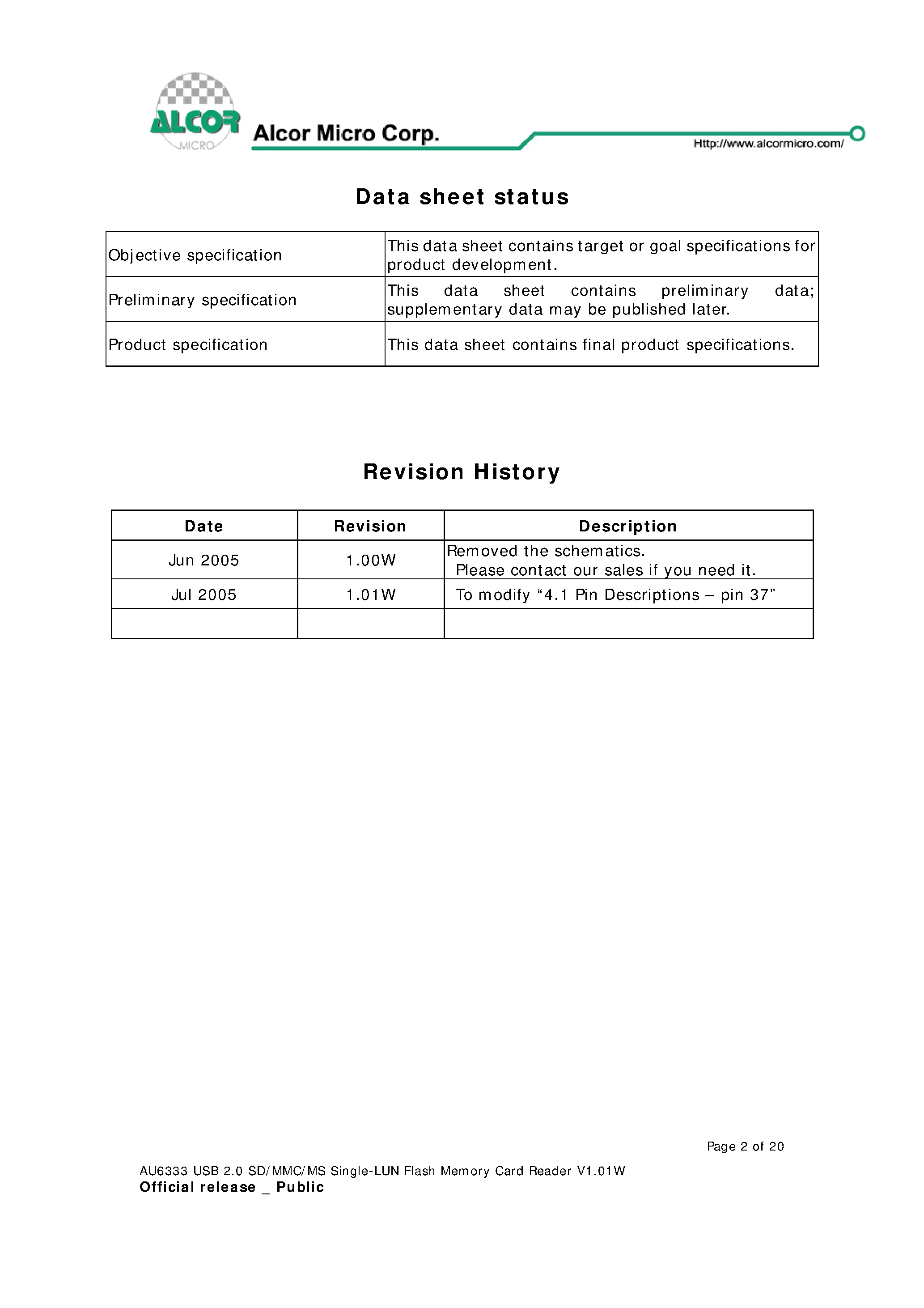 Datasheet AU6333 - USB 2.0 SD/MMC/MS Single-LUN Card Reader Controller page 2