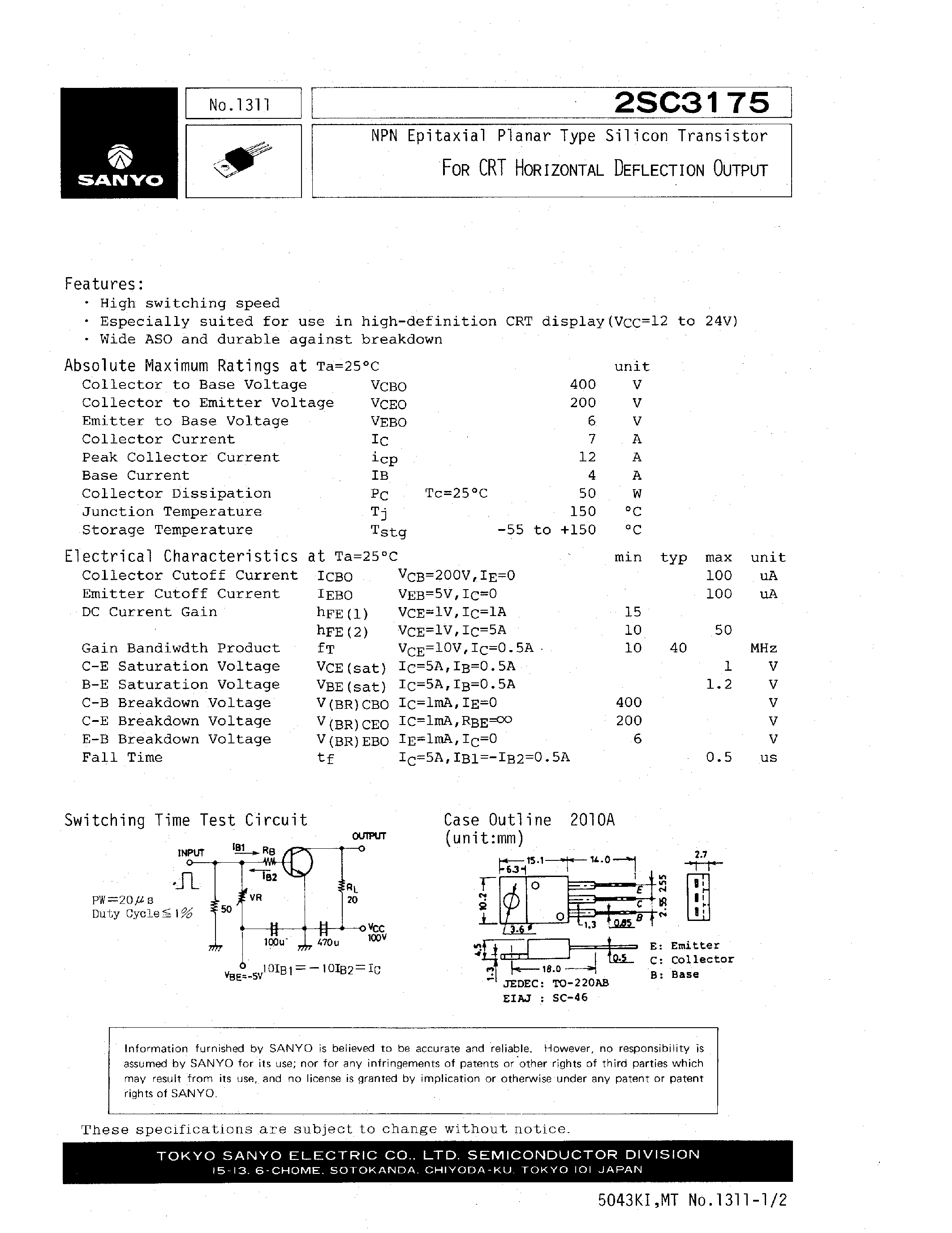 Datasheet 2SC3175 - NPN Epitaxial Planar Type Silicon Transistor page 1
