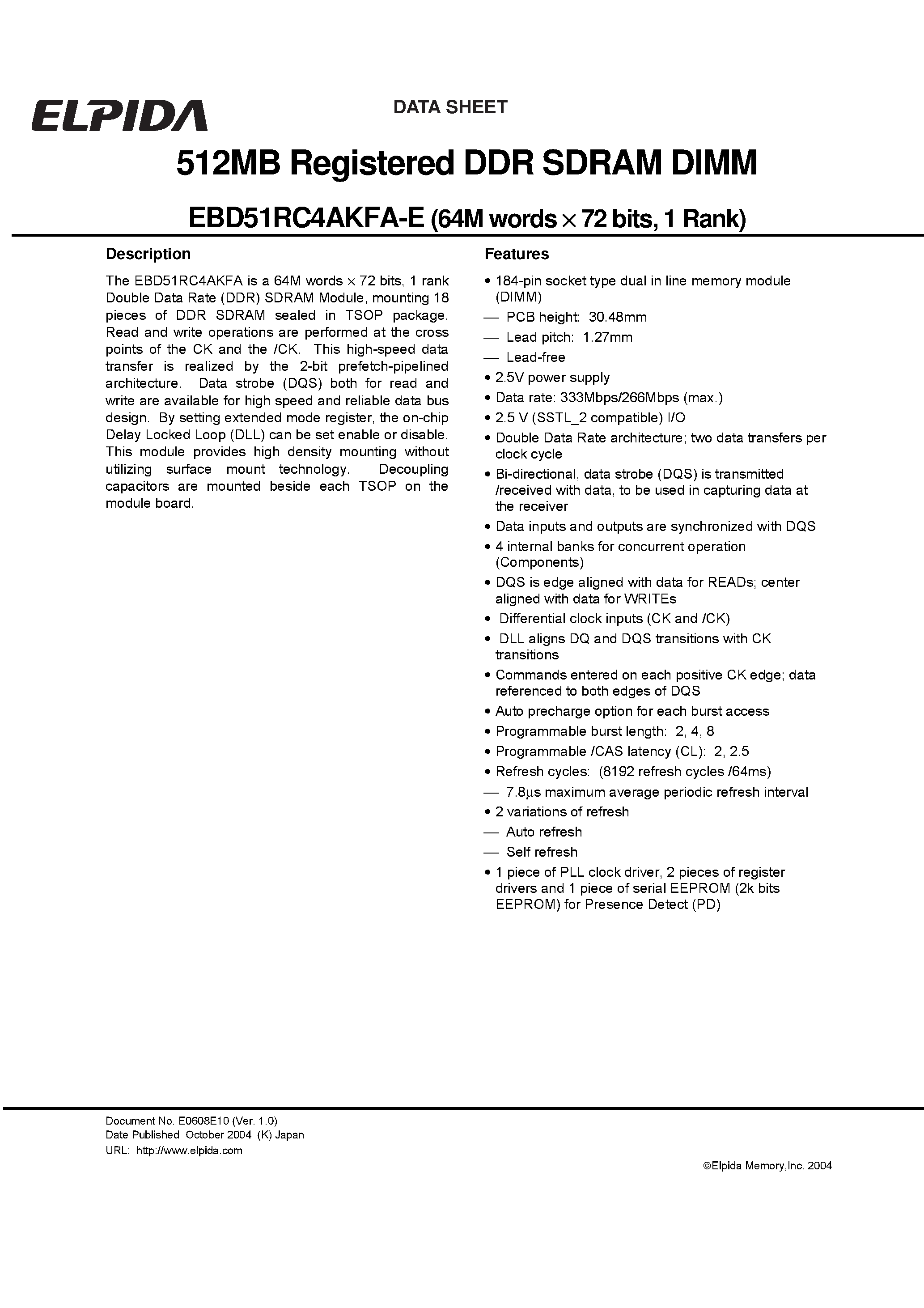 Datasheet EBD51RC4AKFA-E - 512MB Registered DDR SDRAM DIMM page 1