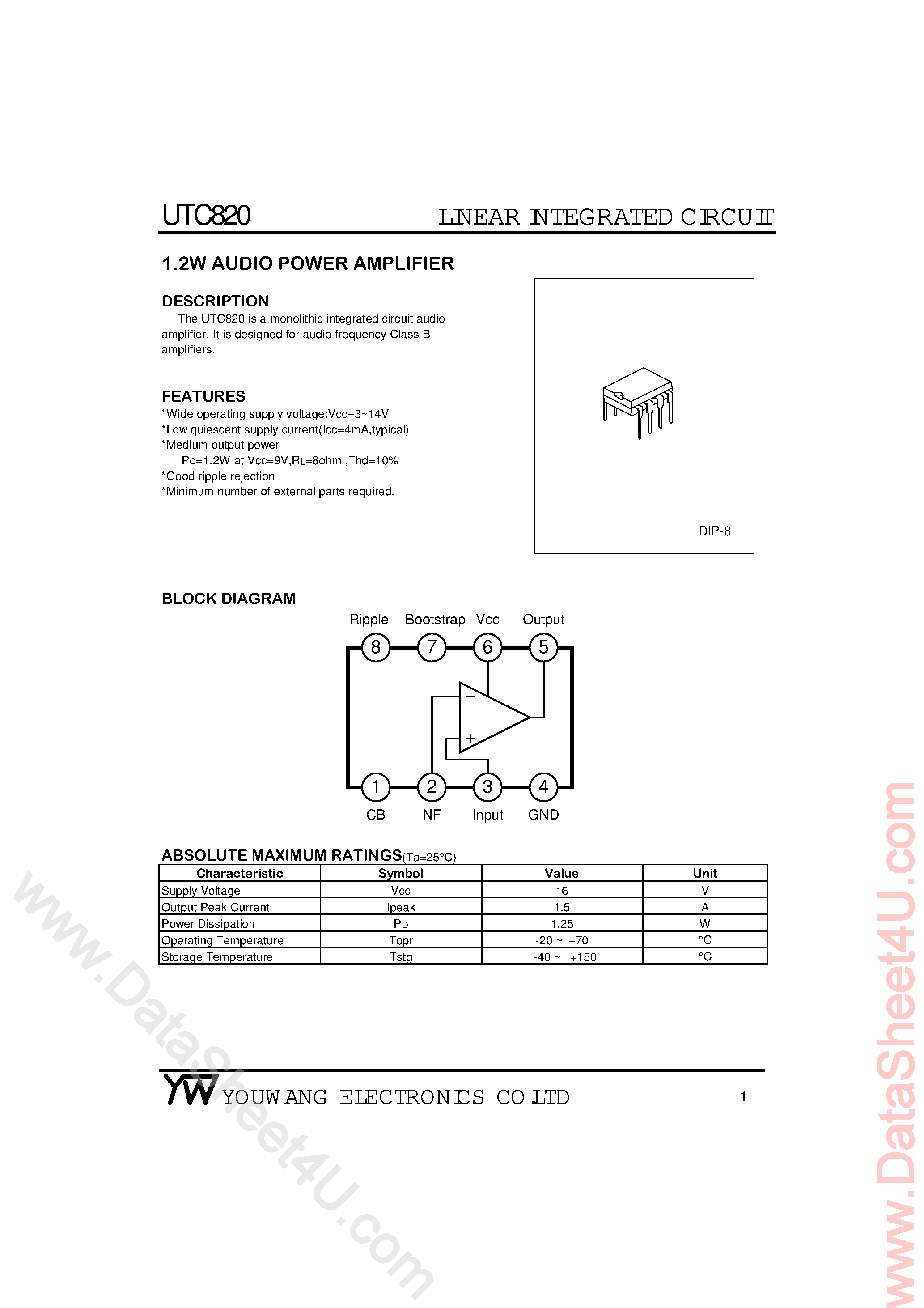 Datasheet UTC820 page 1 Datasheet UTC820 - 1.2W Audio Power Amplifier page 1