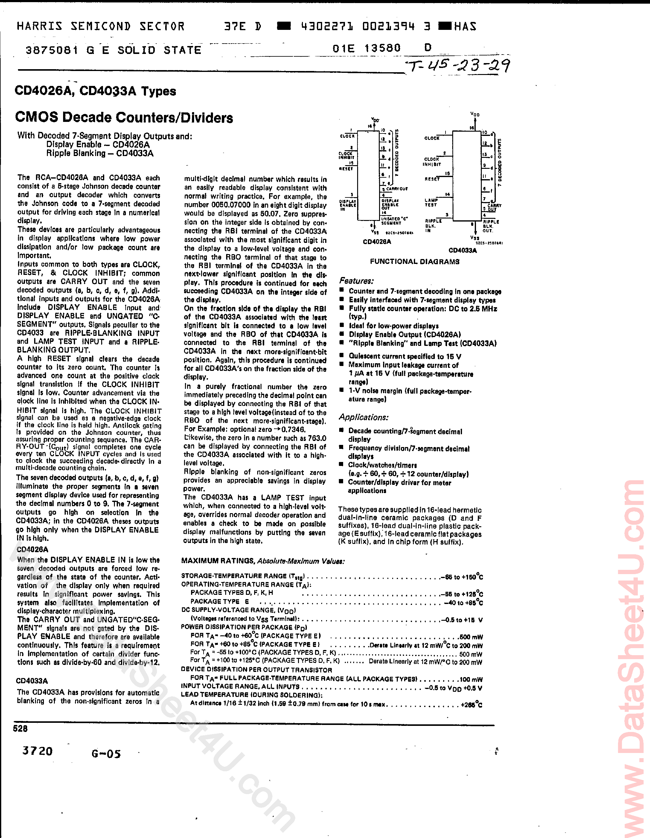 Datasheet CD4026A page 1 Datasheet CD4026A - (CD4026A / CD4033A) CMOS Decade Counter / Dividers page 1