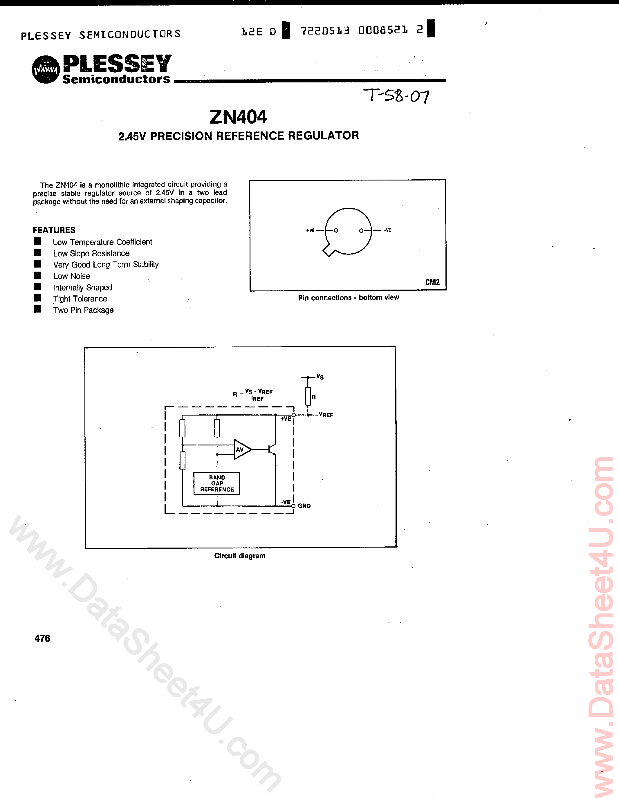 Datasheet ZN404 - 2.45V Precision Reference Regulator page 1