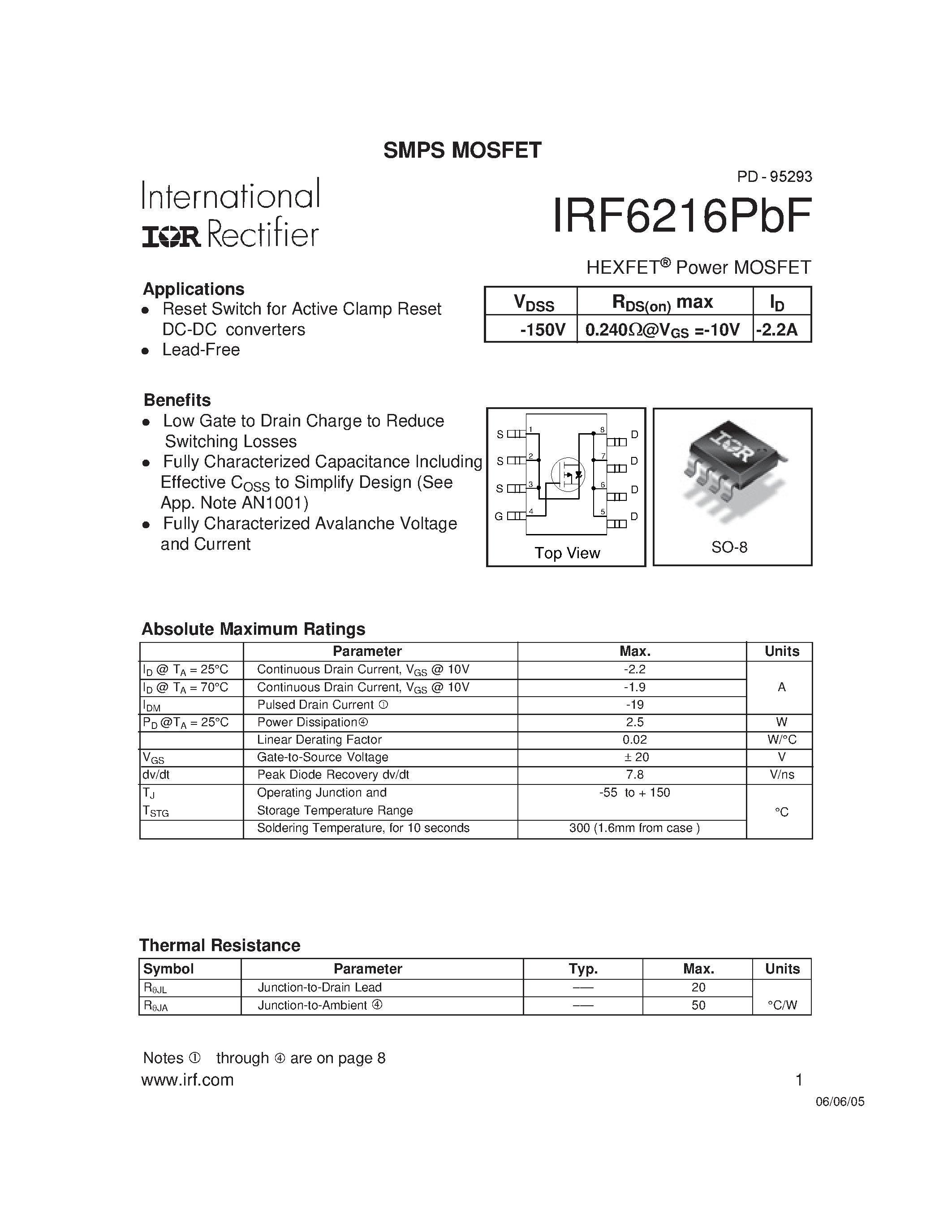 Datasheet IRF6216PBF - HEXFET Power MOSFET page 1