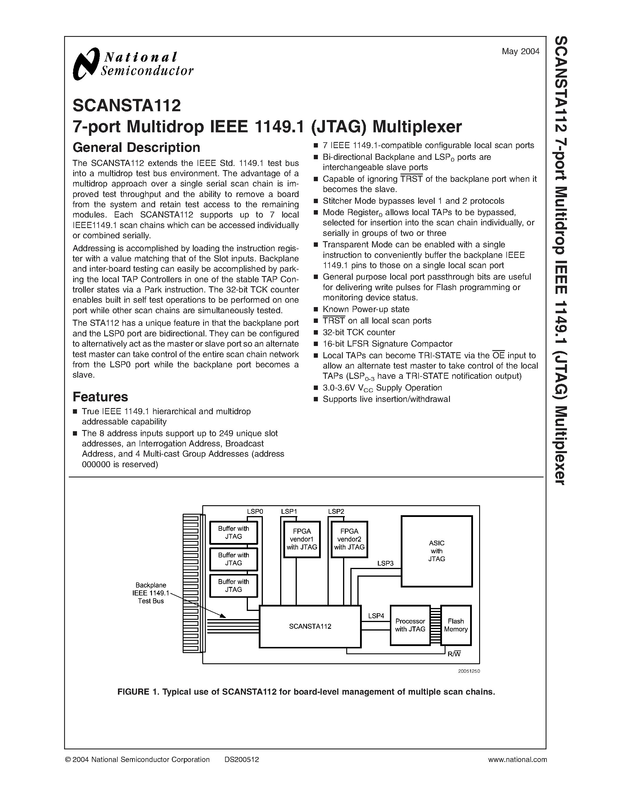 Даташит на микросхему SCANSTA112 страница 1 Даташит SCANSTA112 - 7-port Multidrop IEEE 1149.1 (JTAG) Multiplexer страница 1