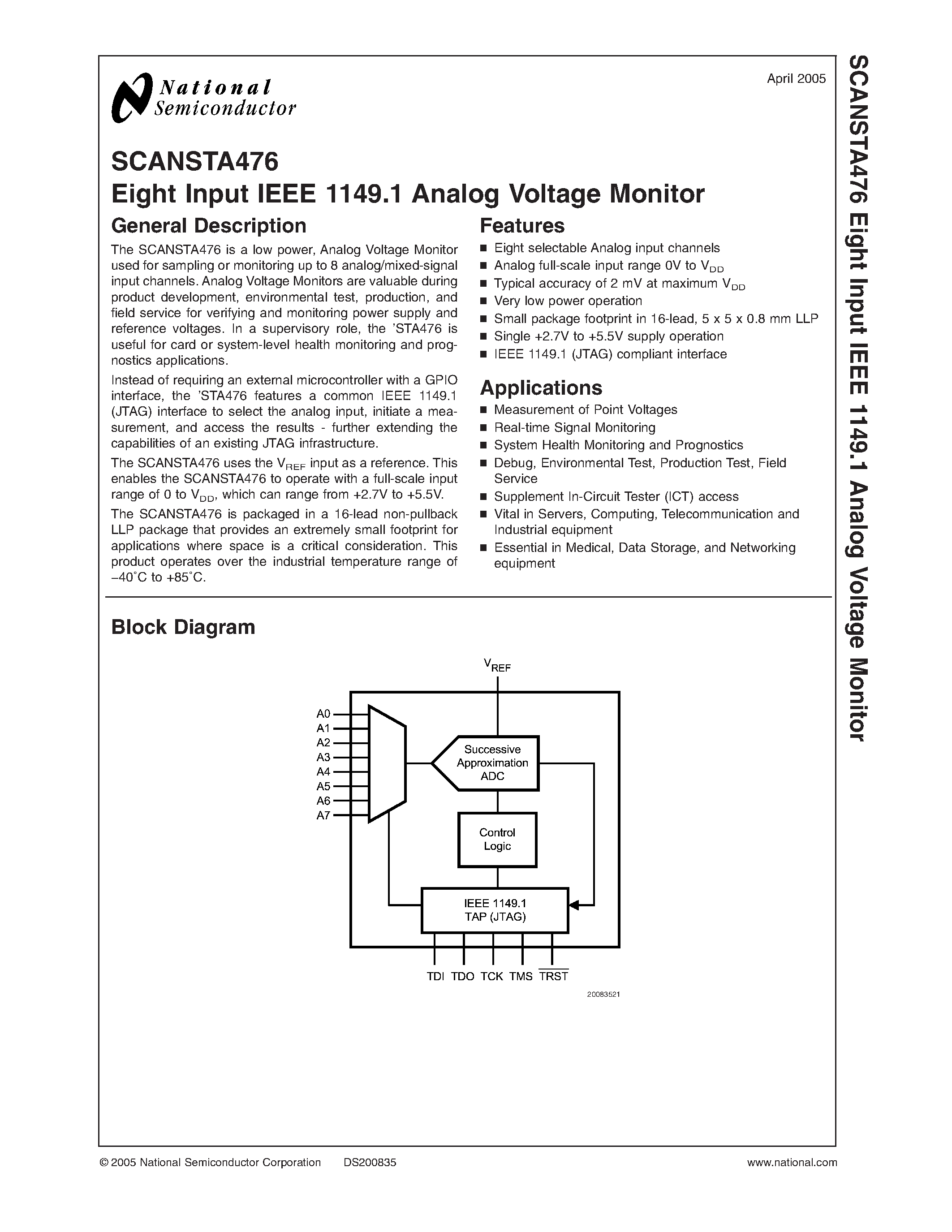 Datasheet SCANSTA476 - Eight Input IEEE 1149.1 Analog Voltage Monitor page 1