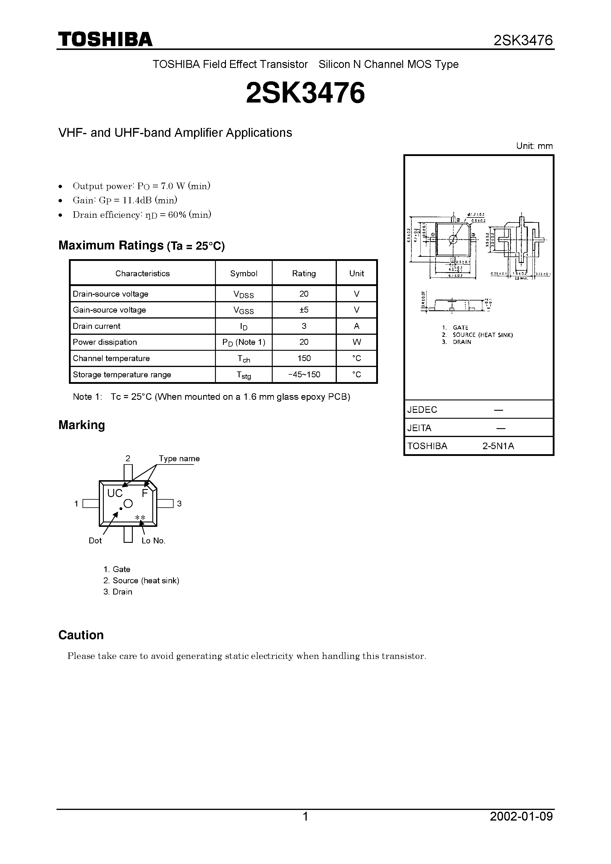 Datasheet 2SK3476 - TOSHIBA Field Effect Transistor Silicon N Channel MOS Type page 1
