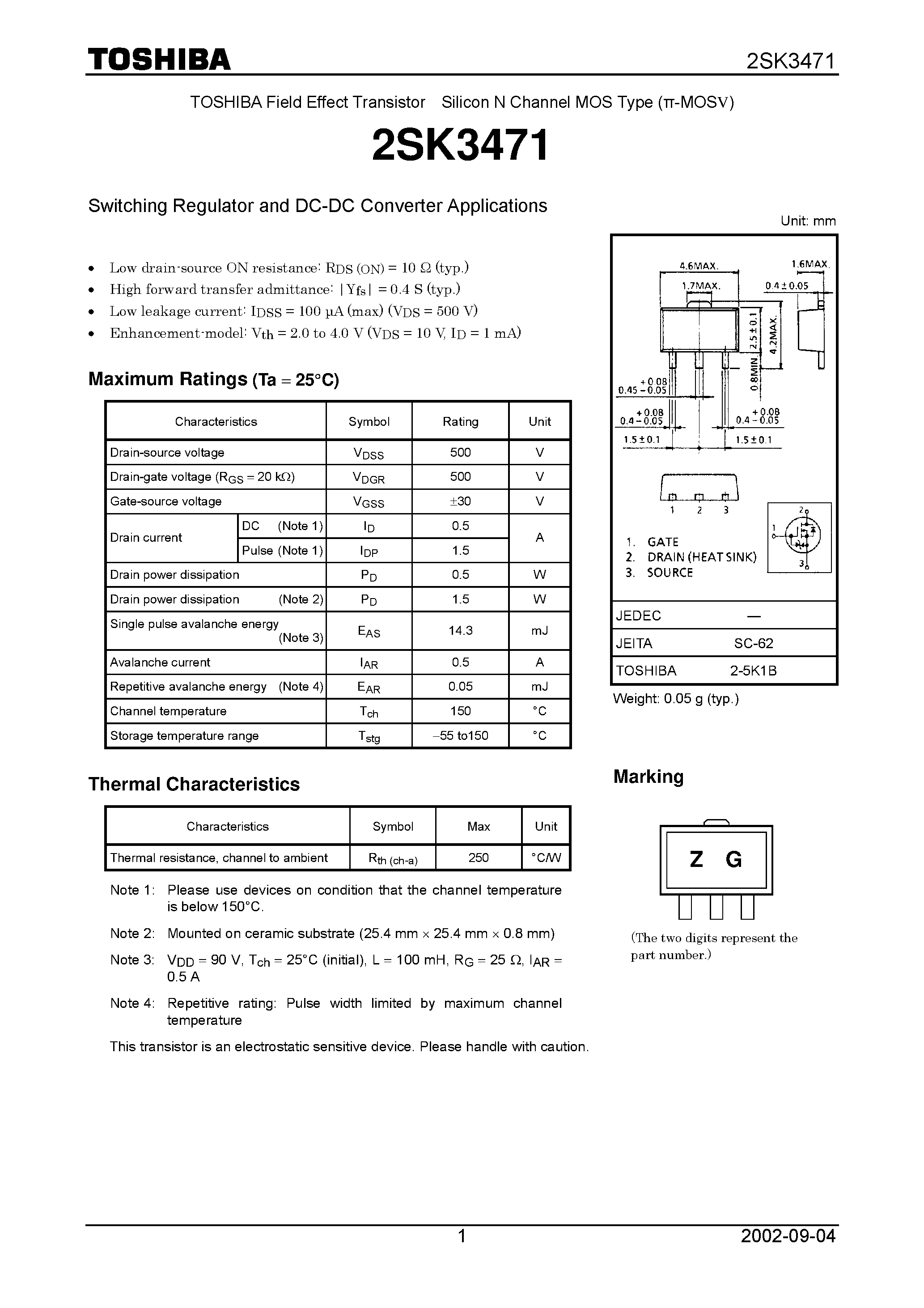 Datasheet 2SK3471 - TOSHIBA Field Effect Transistor Silicon N Channel MOS Type (PIE-MOSV) page 1