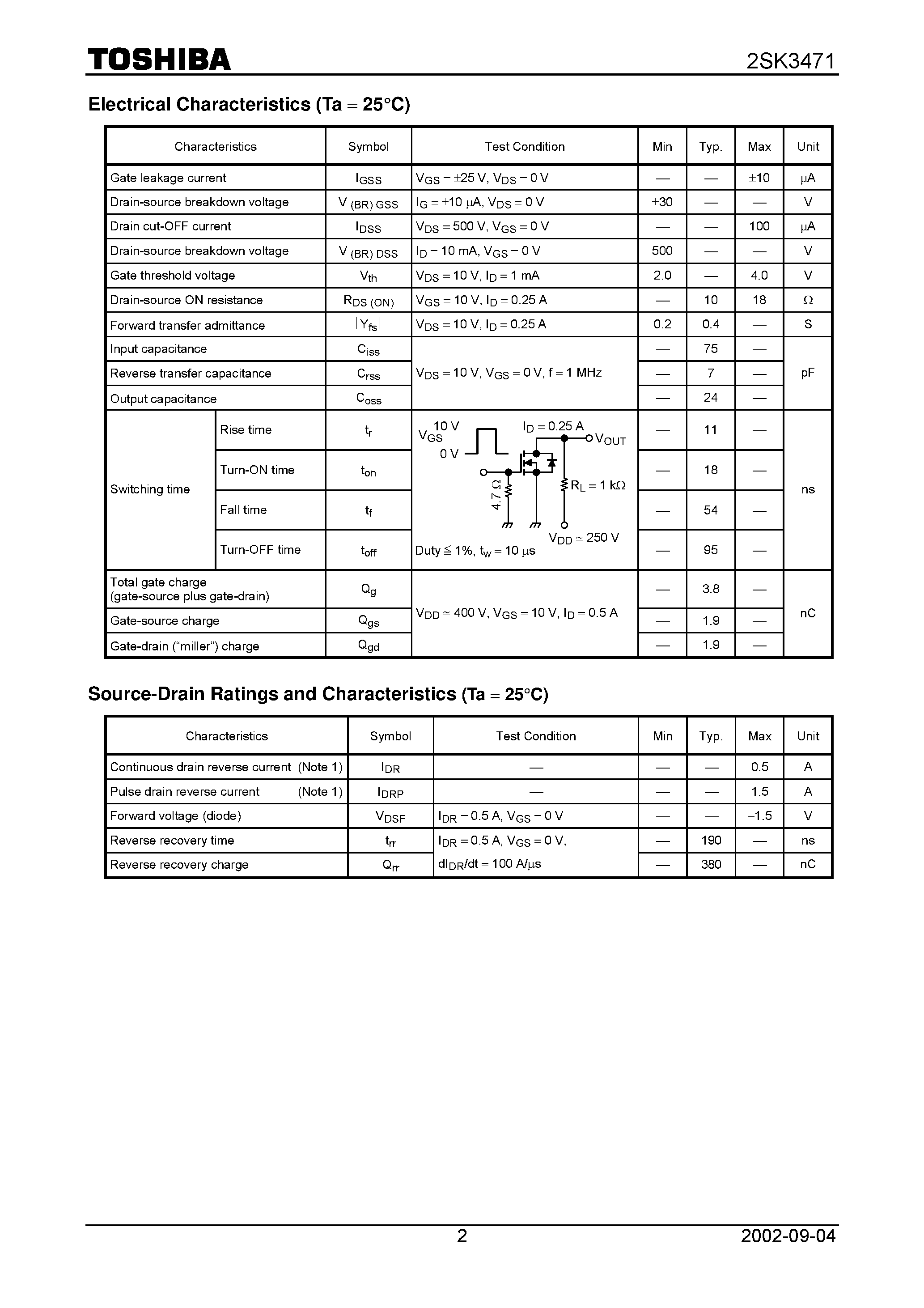Datasheet 2SK3471 - TOSHIBA Field Effect Transistor Silicon N Channel MOS Type (PIE-MOSV) page 2