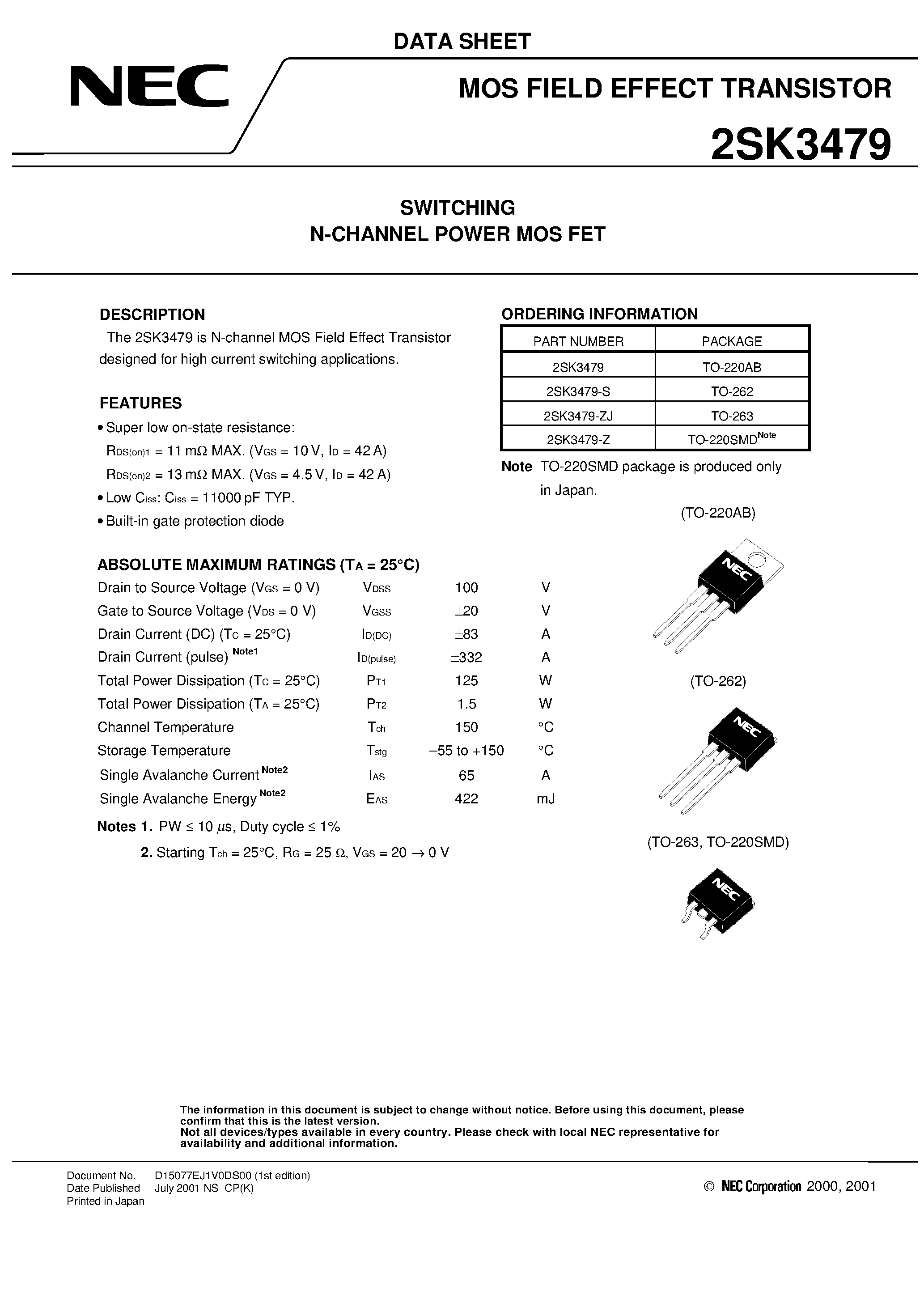 Datasheet 2SK3479 - SWITCHING N-CHANNEL POWER MOSFET page 1