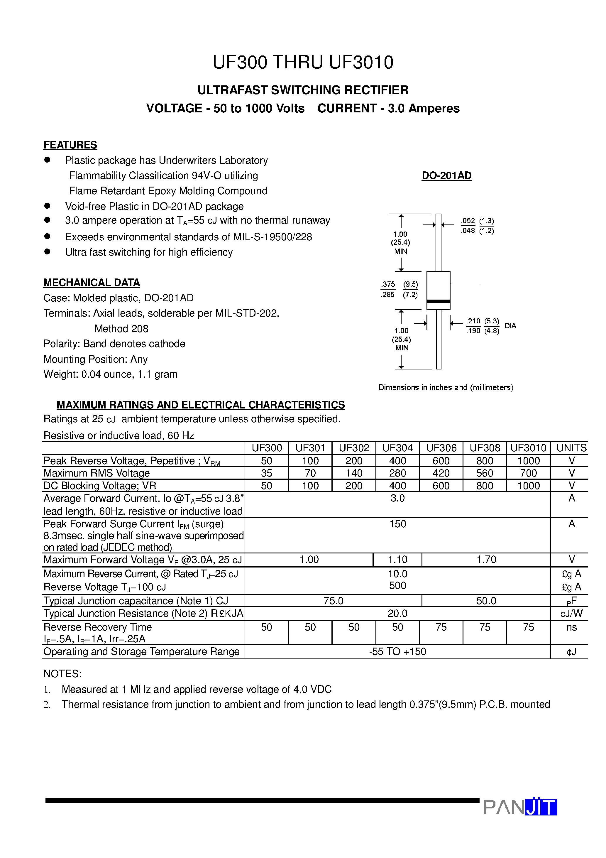 Datasheet UF300 page 1 Datasheet UF300 - (UF300 - UF3010) ULTRAFAST SWITCHING RECTIFIER(VOLTAGE - 50 to 1000 Volts CURRENT - 3.0 Amperes) page 1