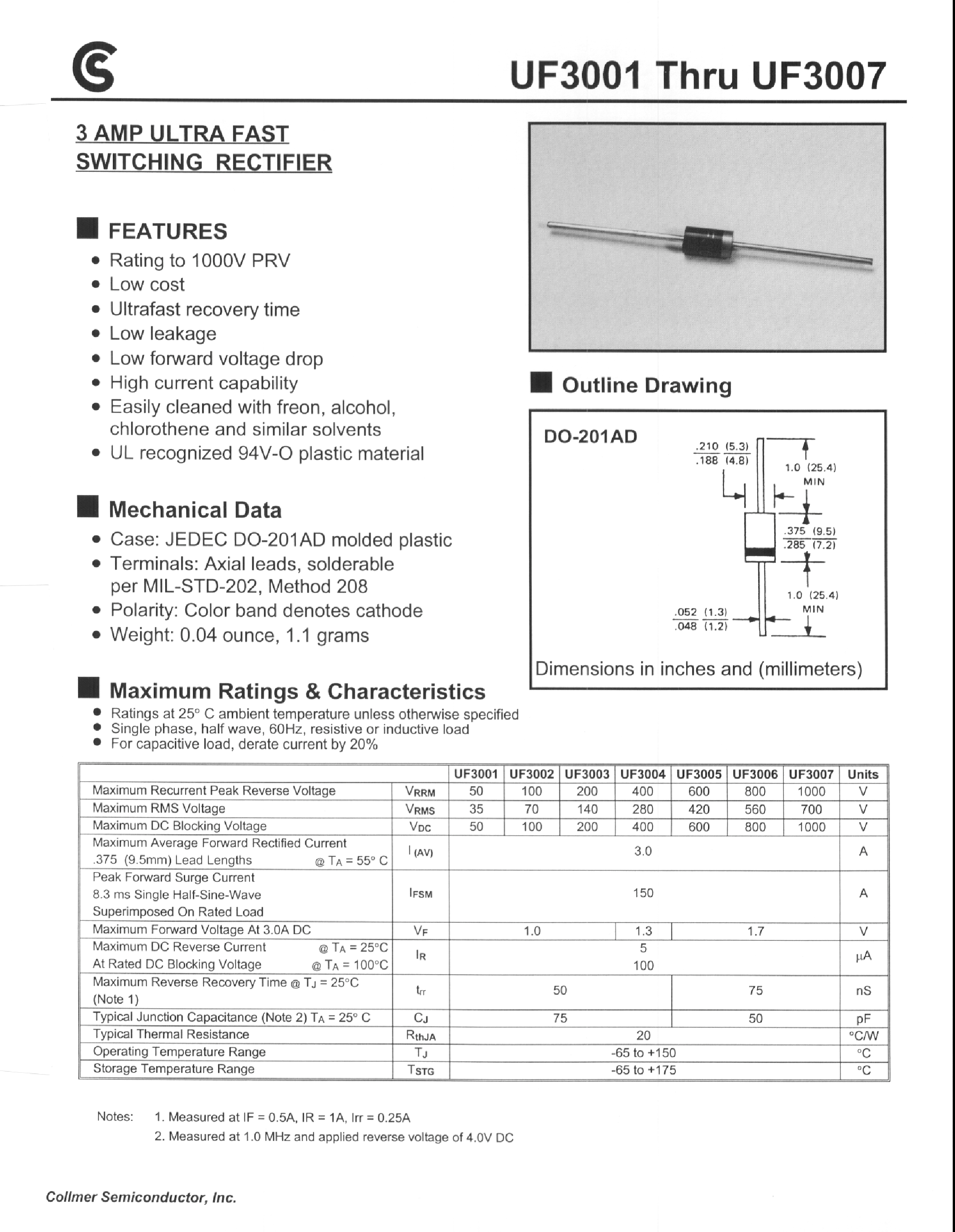 Datasheet UF3001 - (UF3001 - UF3007) 3 AMP ULTRA FAST SWITCHING RECTIFIER page 1