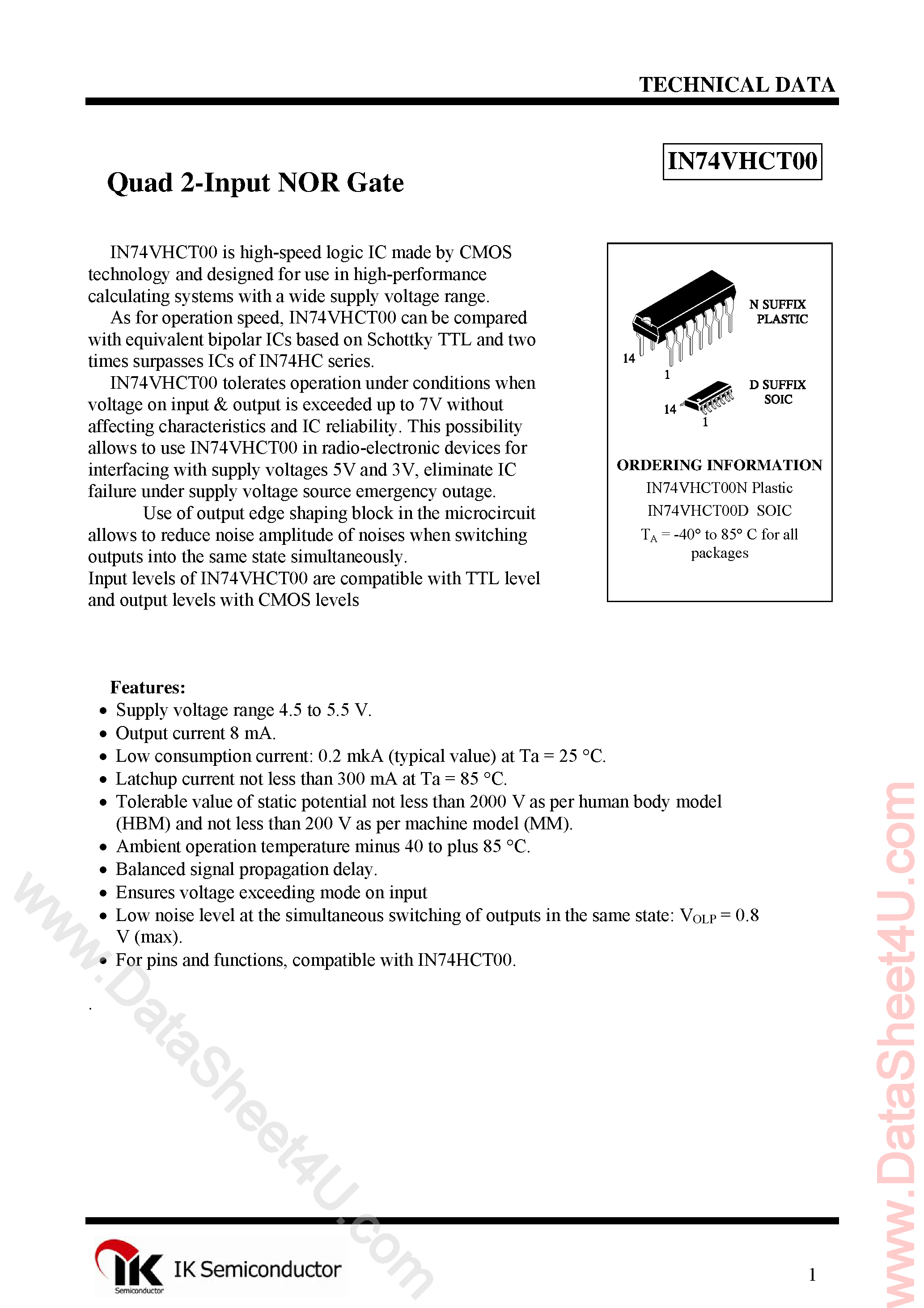 Даташит IN74VHCT00 - Quad 2-Input NAND Gate страница 1
