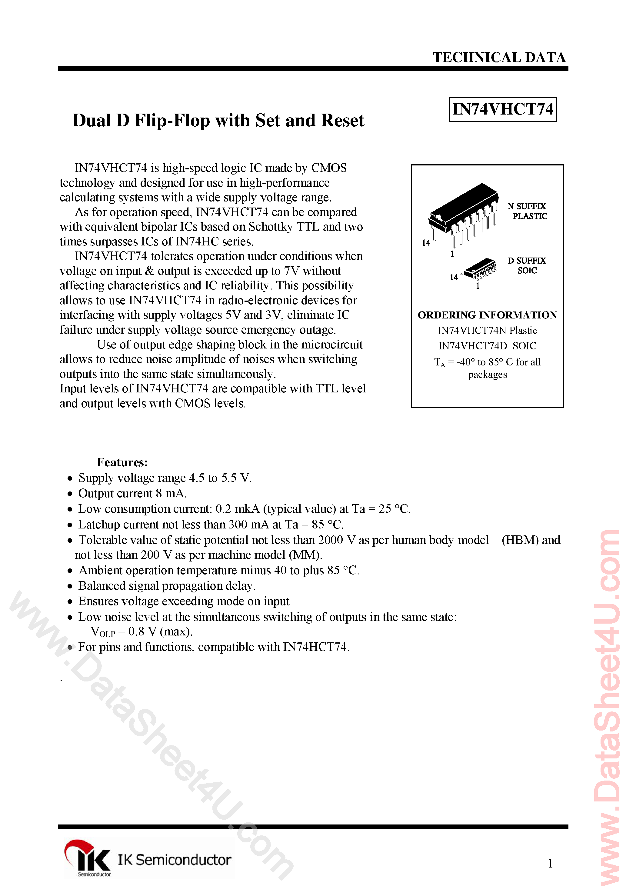 Datasheet IN74VHCT74 - Quad 2-Input OR Gate page 1