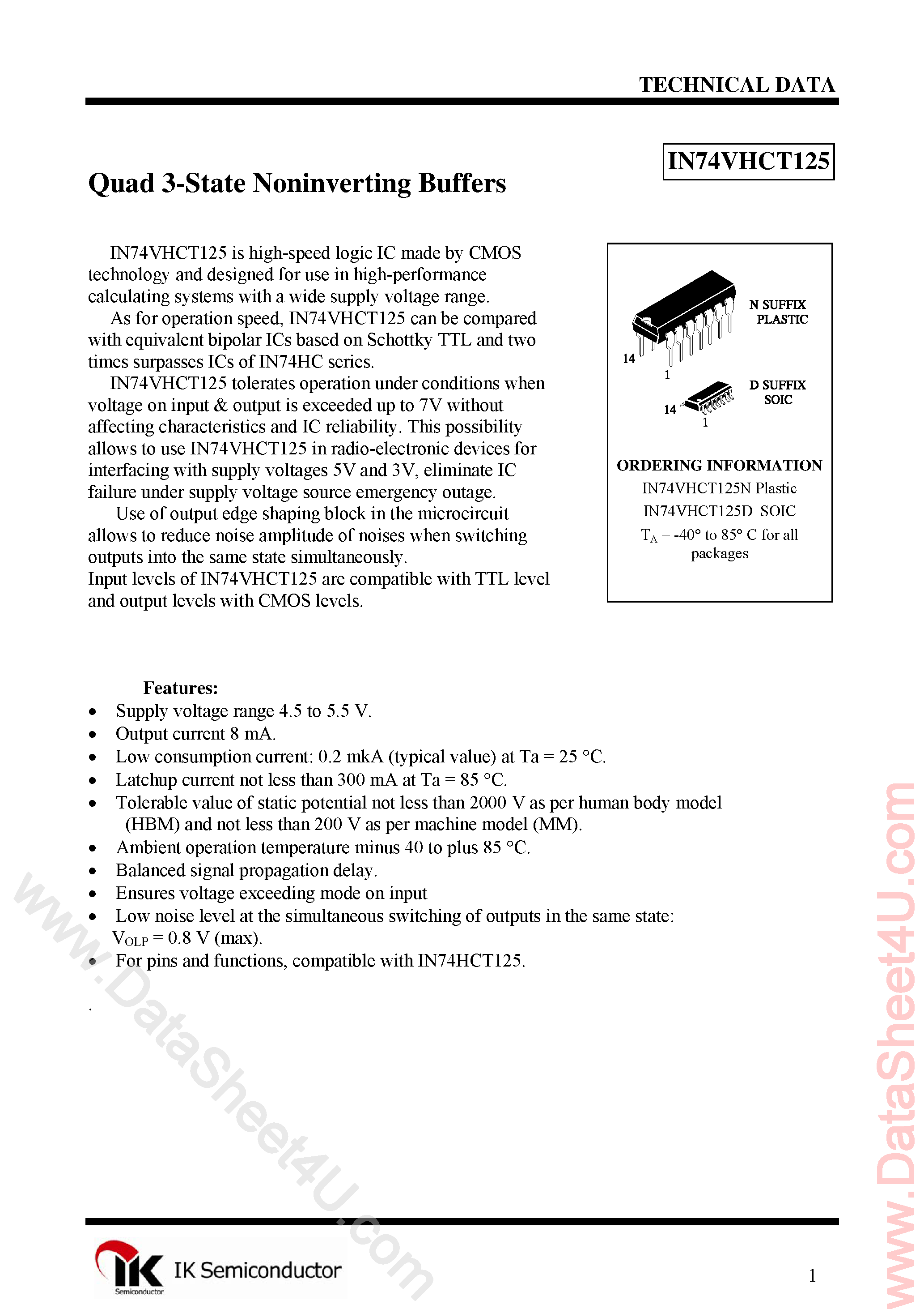 Datasheet IN74VHCT125 - Quad 3-State Buffer page 1