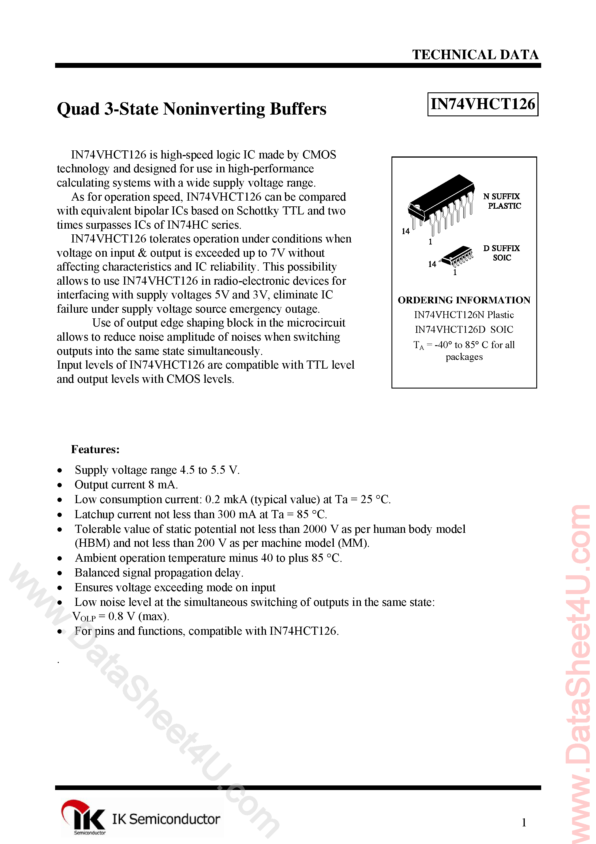 Datasheet IN74VHCT126 - Quad 3-State Buffer page 1