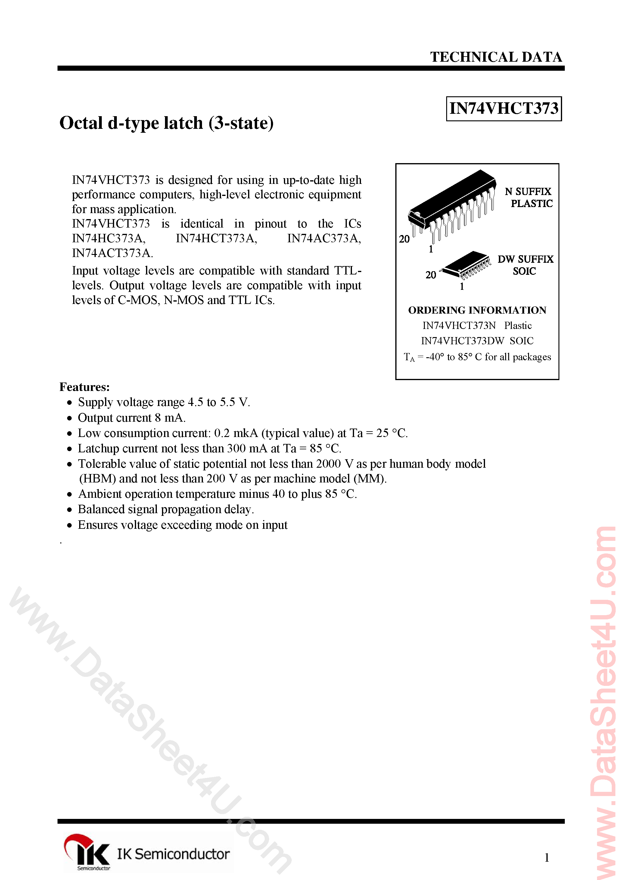 Даташит IN74VHCT373 - Octal D-Type Latch страница 1