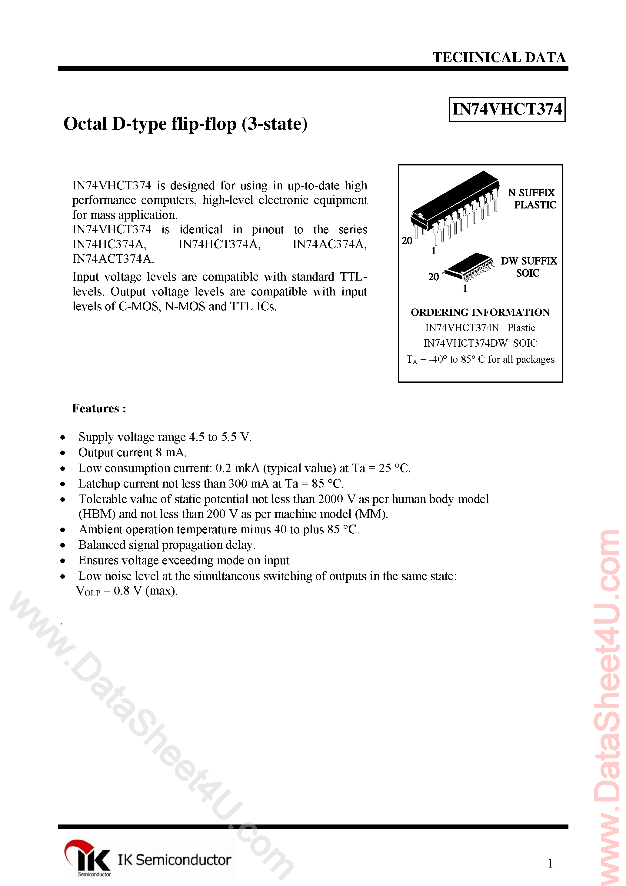 Даташит IN74VHCT374 - Octal D-Type Flip-Flop страница 1