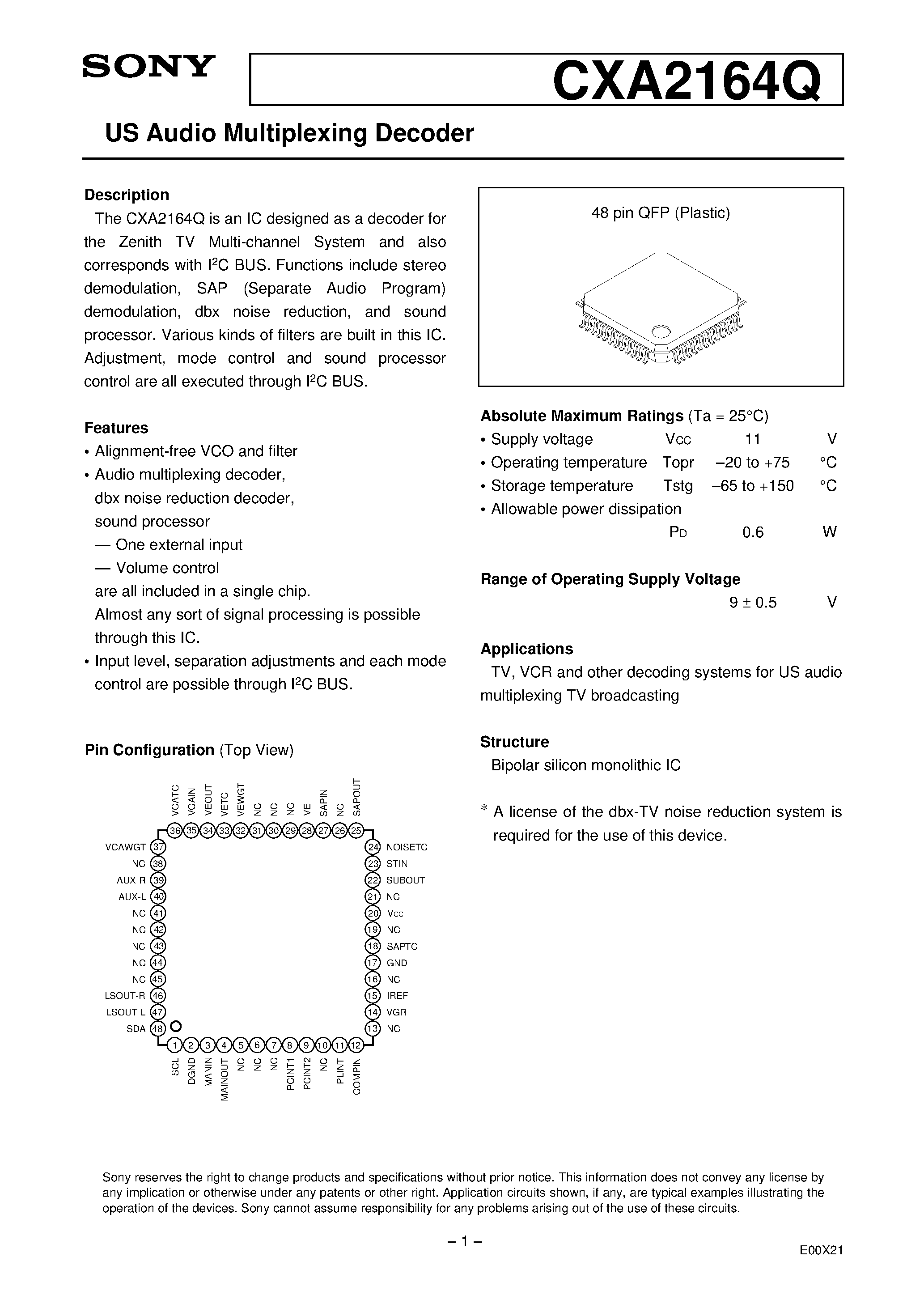 Даташит CXA2164Q - US Audio Multiplexing Decoder страница 1