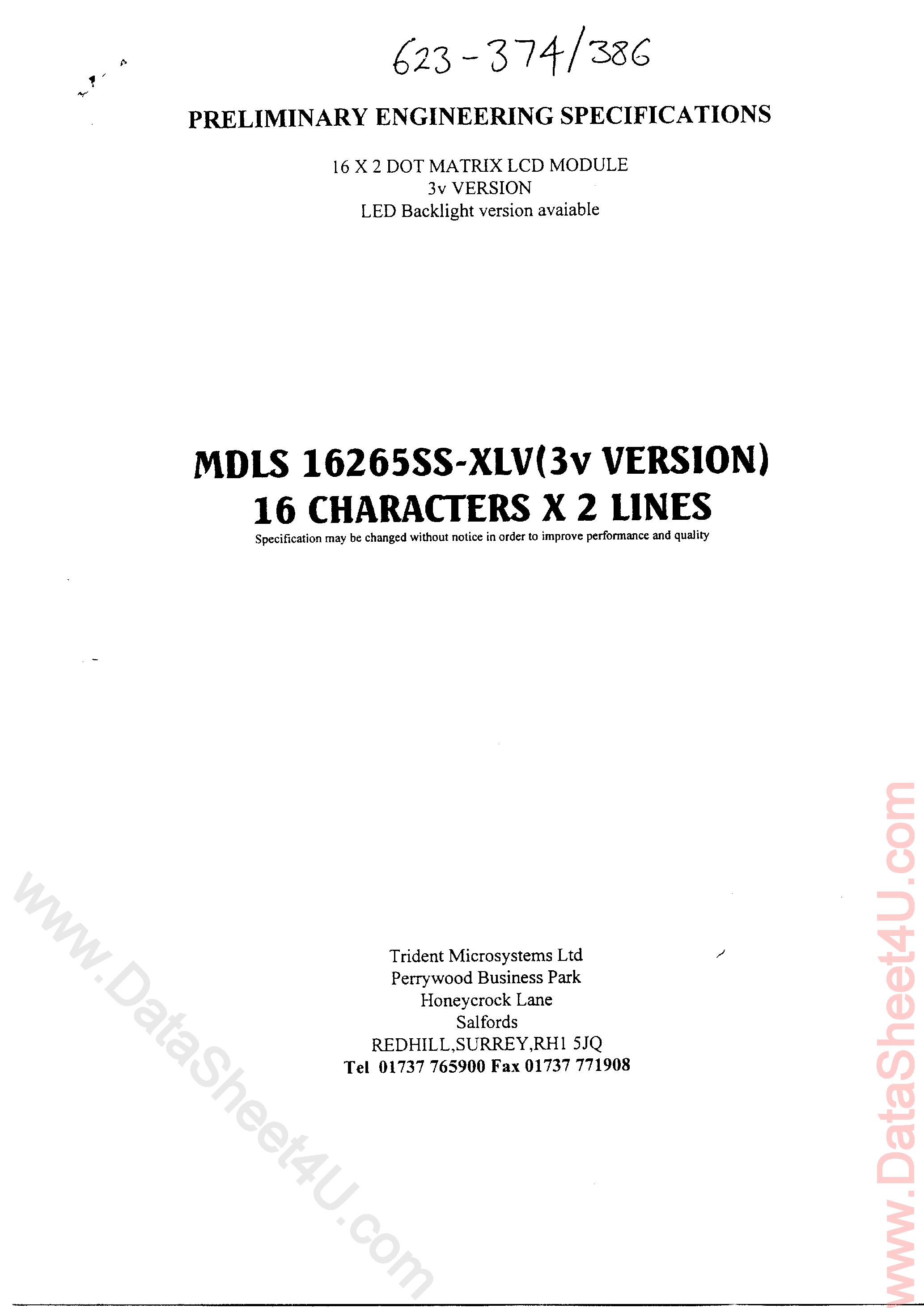 Datasheet MDLS16265SS-XLV - LCD Module 16 X 2 Stn page 1