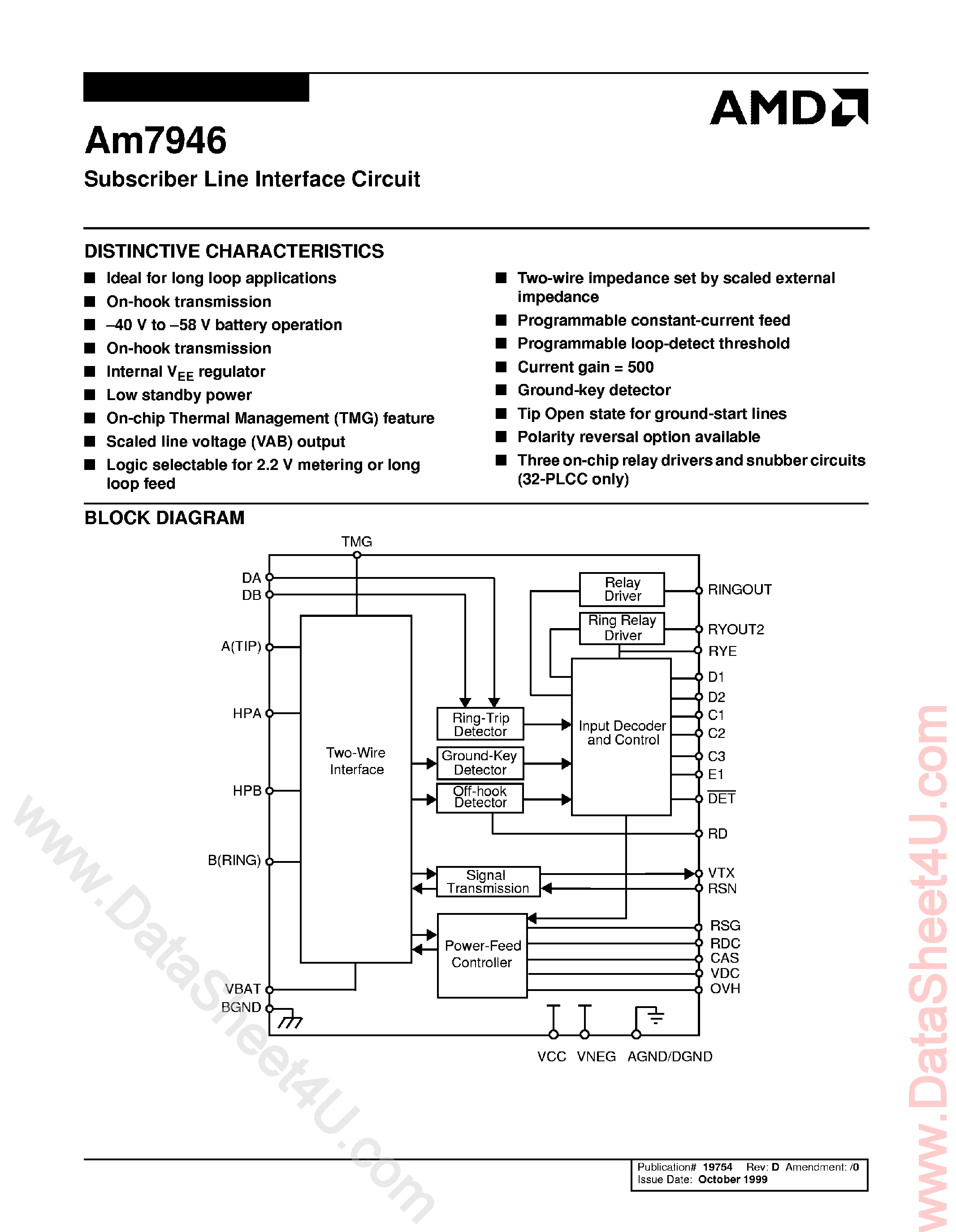 Datasheet AM7946 page 1 Datasheet AM7946 - Subscriber Line Interface Circuit page 1