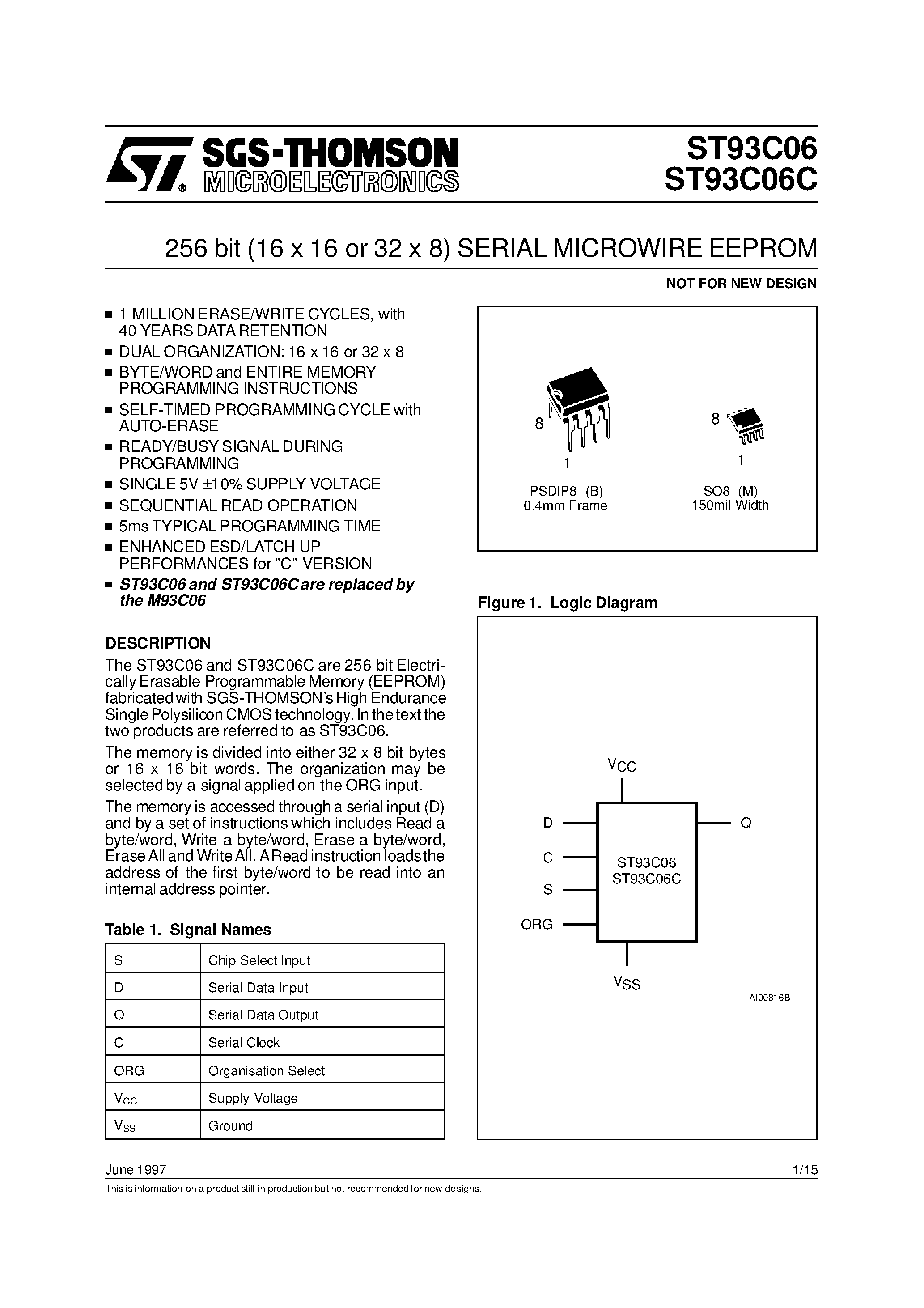 Даташит ST93C06 - 256 bit 16 x 16 or 32 x 8 SERIAL MICROWIRE EEPROM страница 1