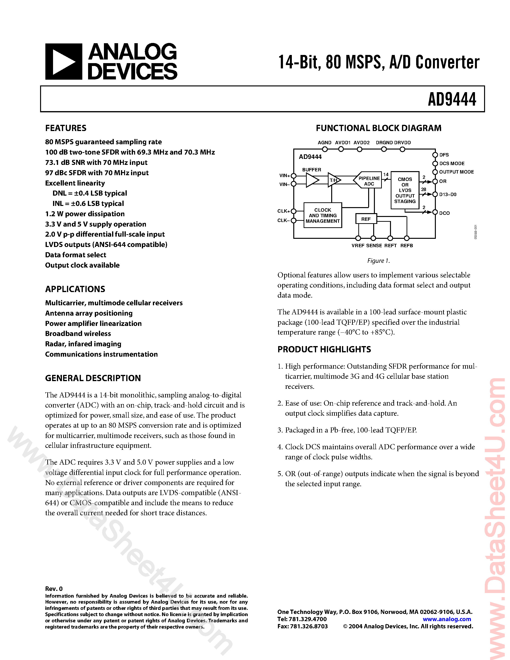 Datasheet AD9444 page 1 Datasheet AD9444 - 14-Bit 80 MSPS A/D Converter page 1