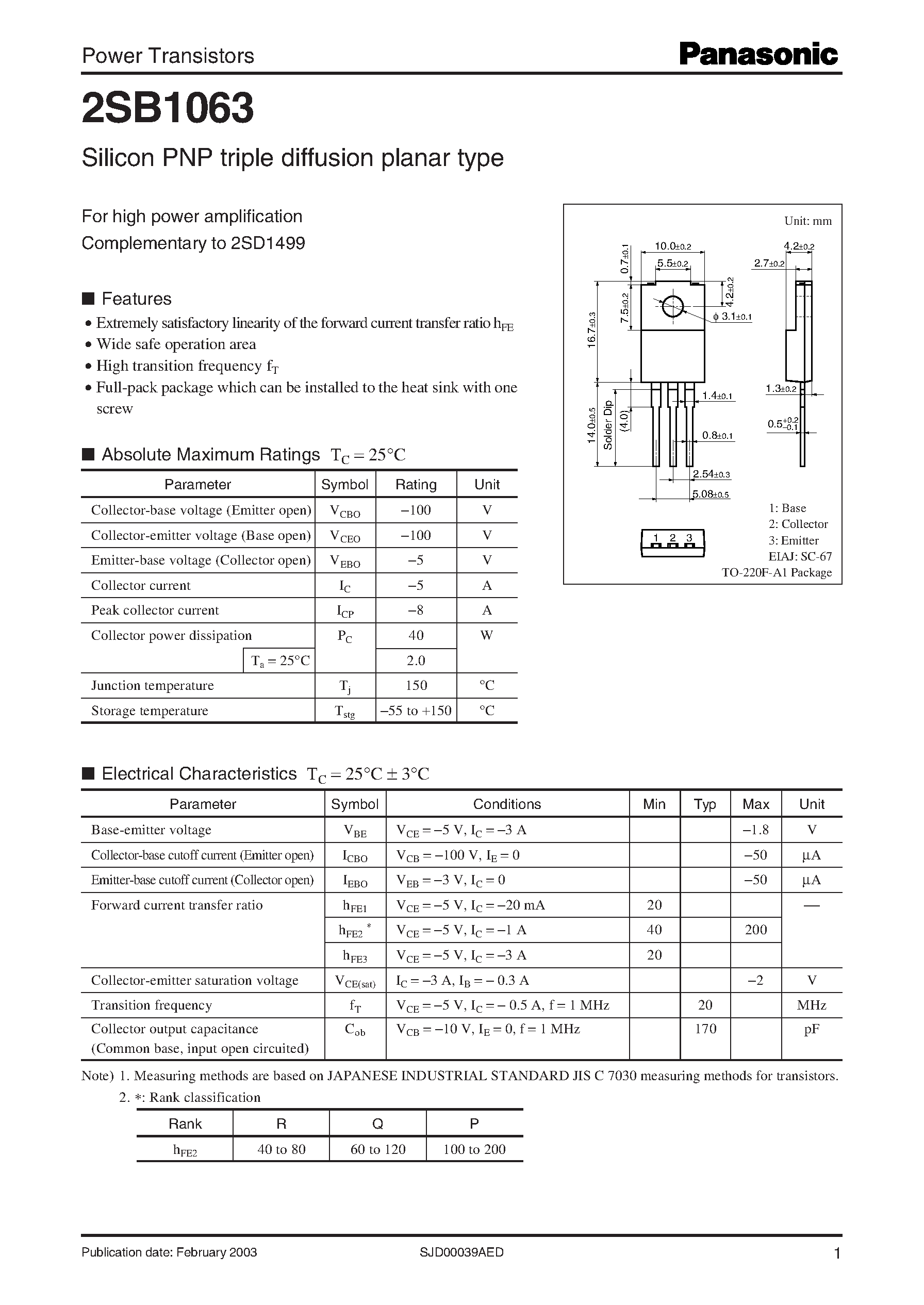 Datasheet 2SB1063 page 1 Datasheet 2SB1063 - High Power Amplifier Complementary Pair with 2SD1499 page 1