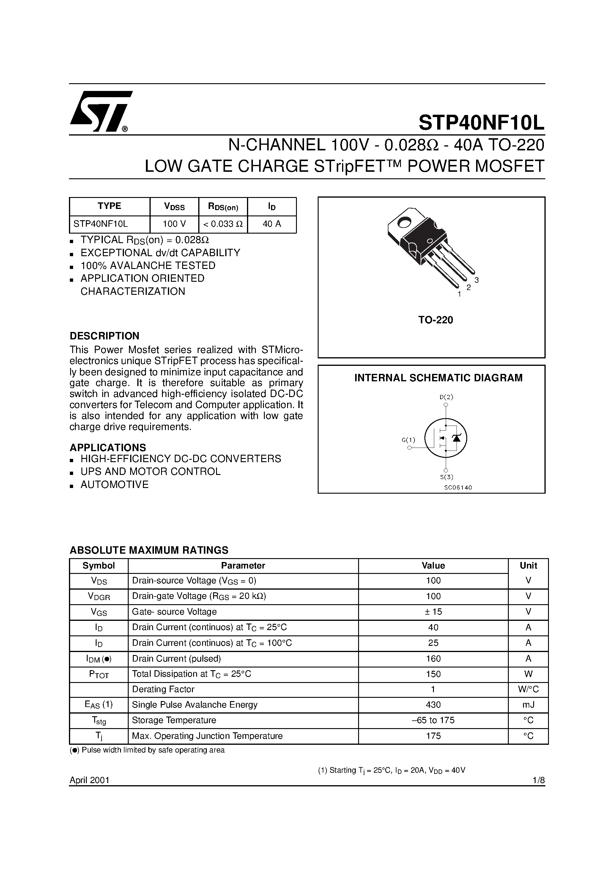 Datasheet STP40NF10L - N-CHANNEL POWER MOSFET page 1