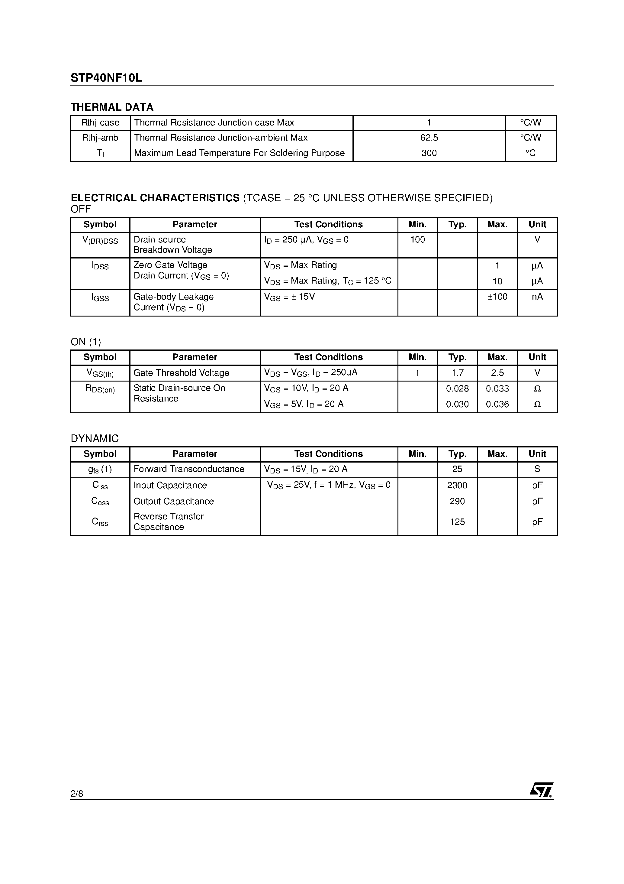 Datasheet STP40NF10L - N-CHANNEL POWER MOSFET page 2