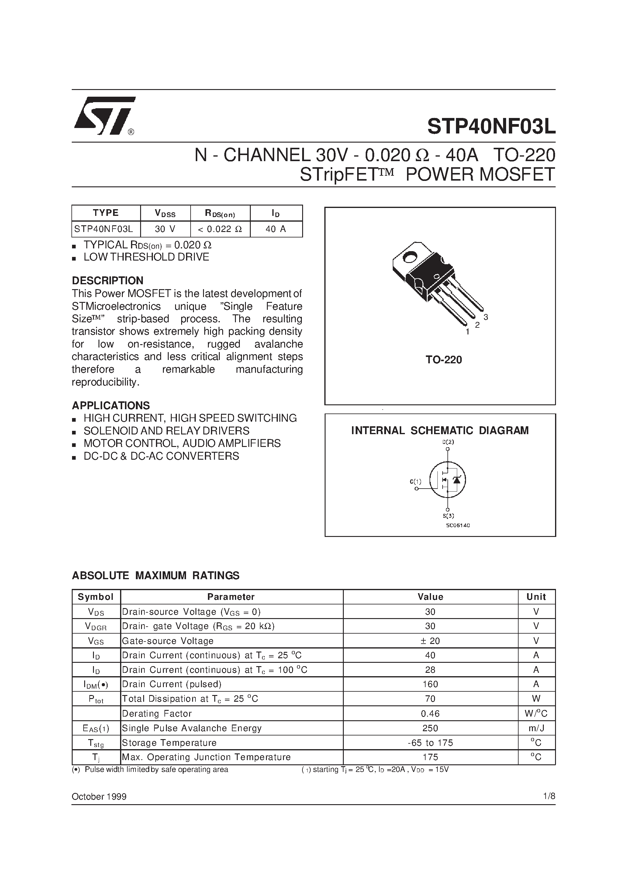 Datasheet STP40NF03L - N-CHANNEL POWER MOSFET page 1