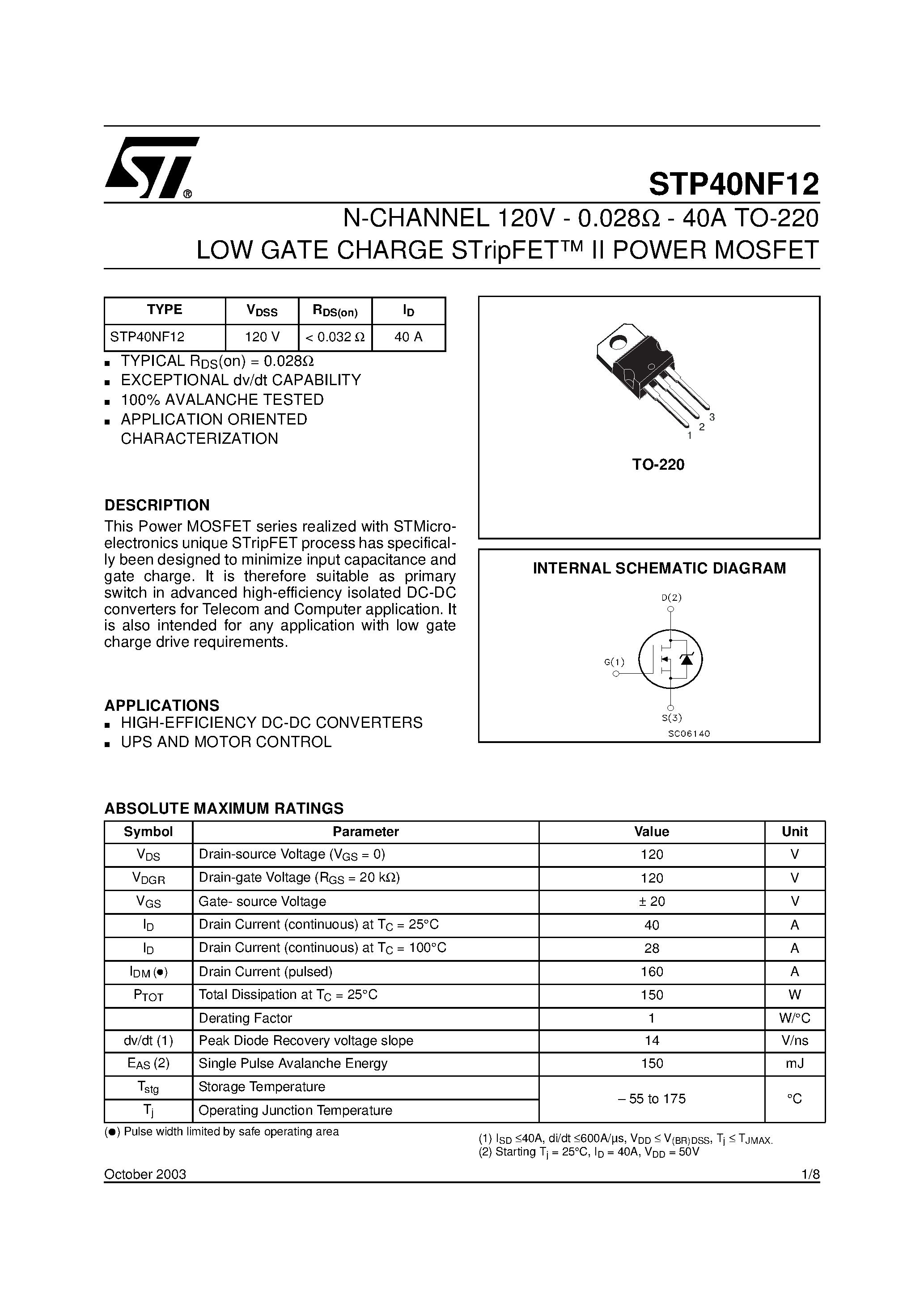 Datasheet STP40NF12 page 1 Datasheet STP40NF12 - N-CHANNEL POWER MOSFET page 1