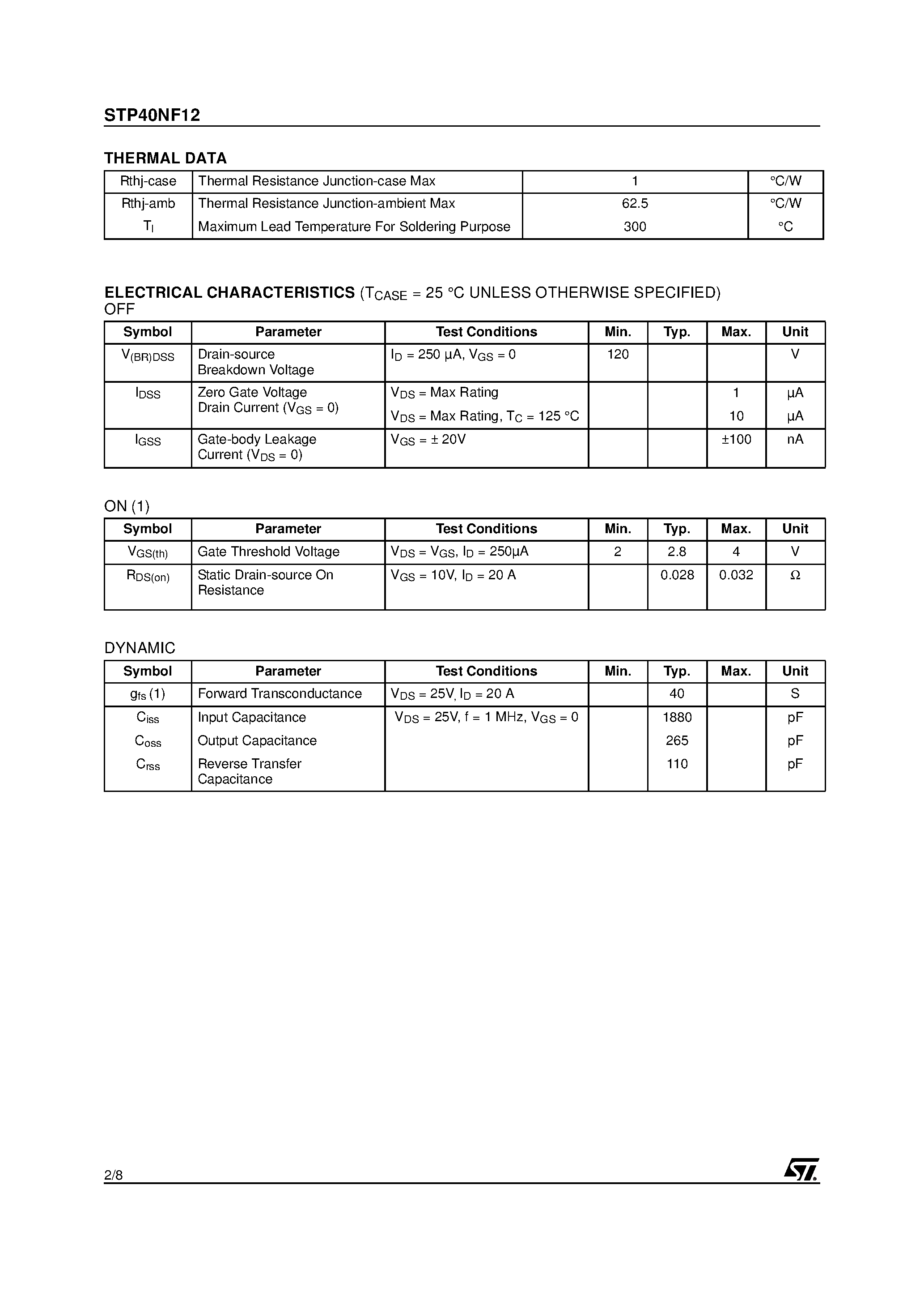 Datasheet STP40NF12 page 2 Datasheet STP40NF12 - N-CHANNEL POWER MOSFET page 2
