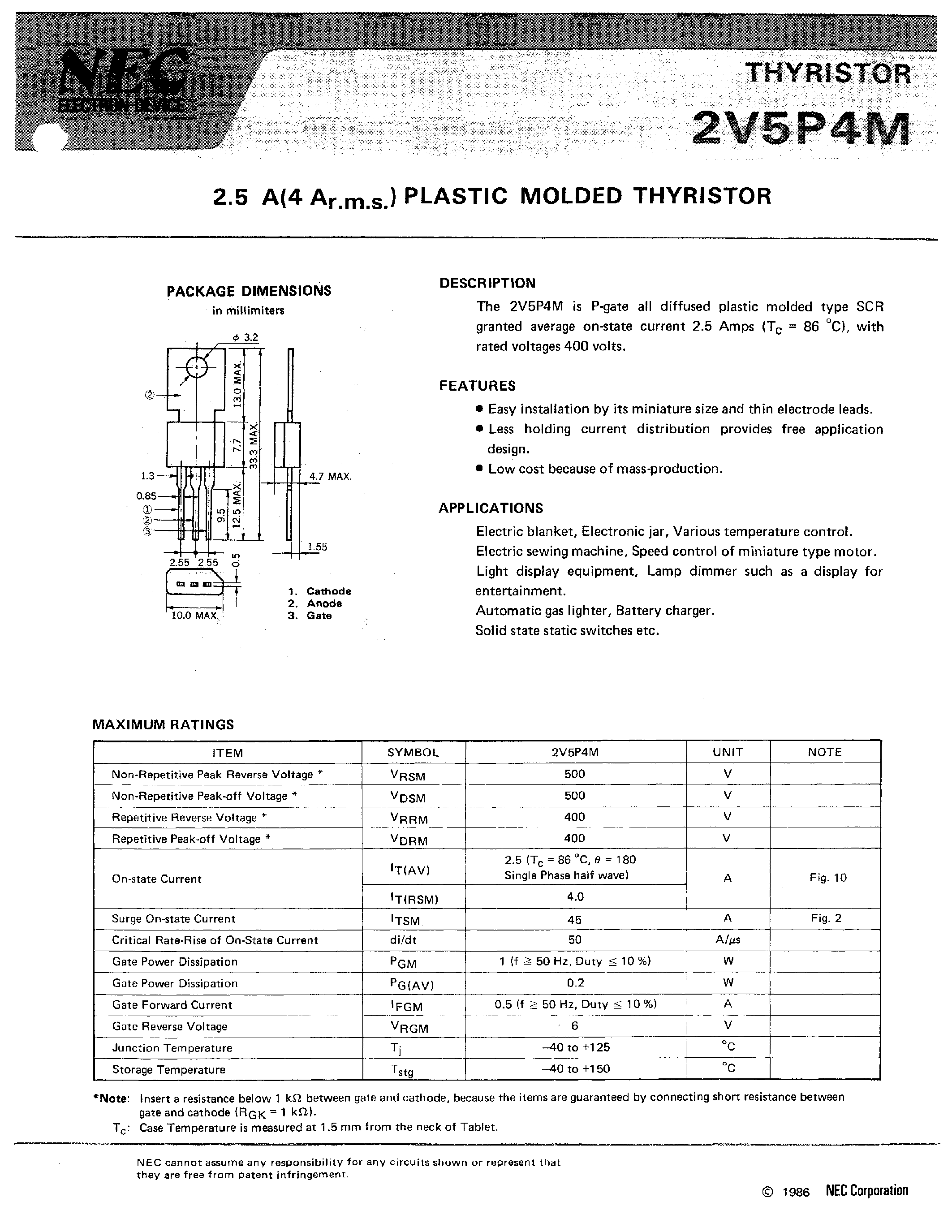 Datasheet 2V5P4M - 2.5 A PLASTIC MOLDED THYRISTOR page 1