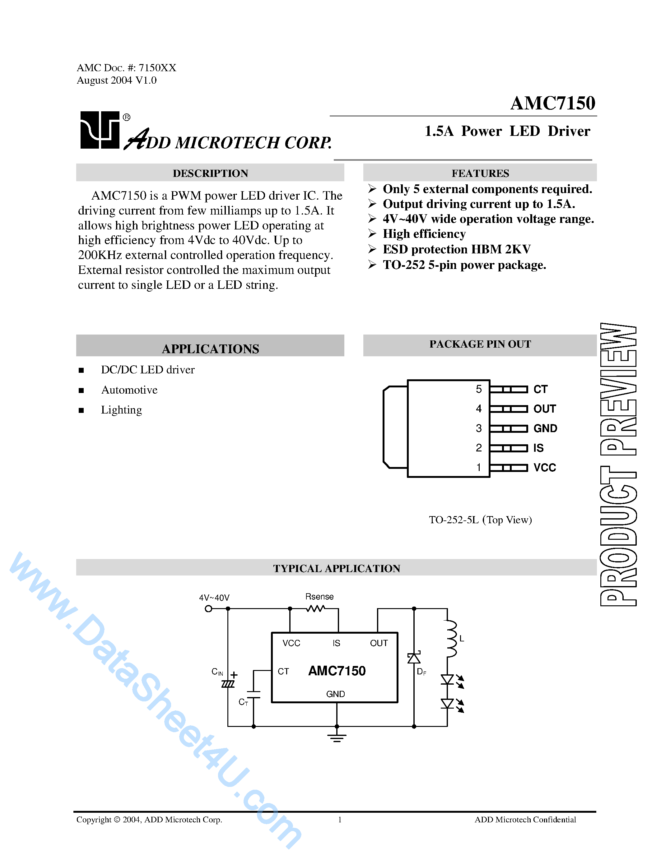 Даташит на микросхему AMC7150 страница 1 Даташит AMC7150 - 1.5A Power LED Driver страница 1