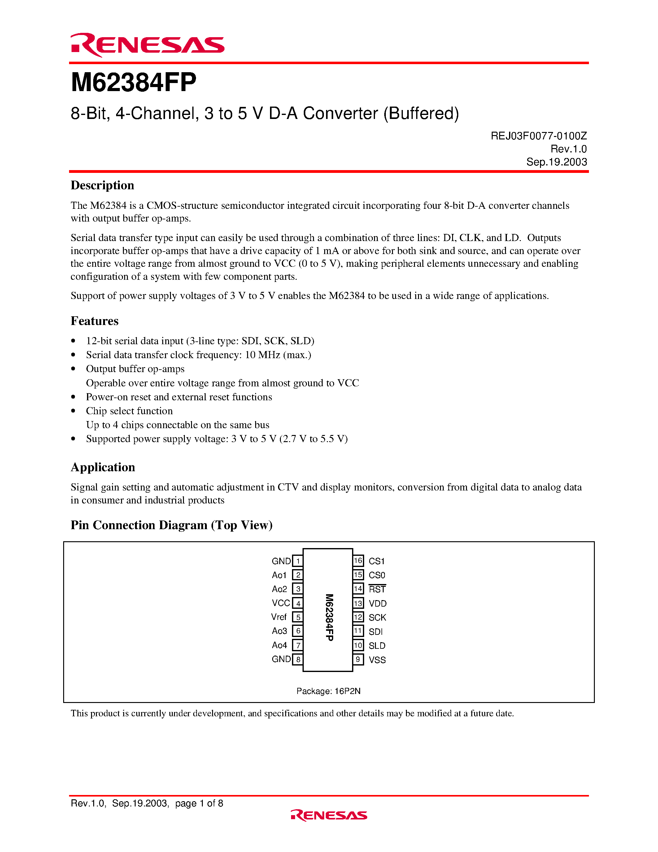 Datasheet M62384FP - 8-Bit 4-Channel D/A Converter page 1
