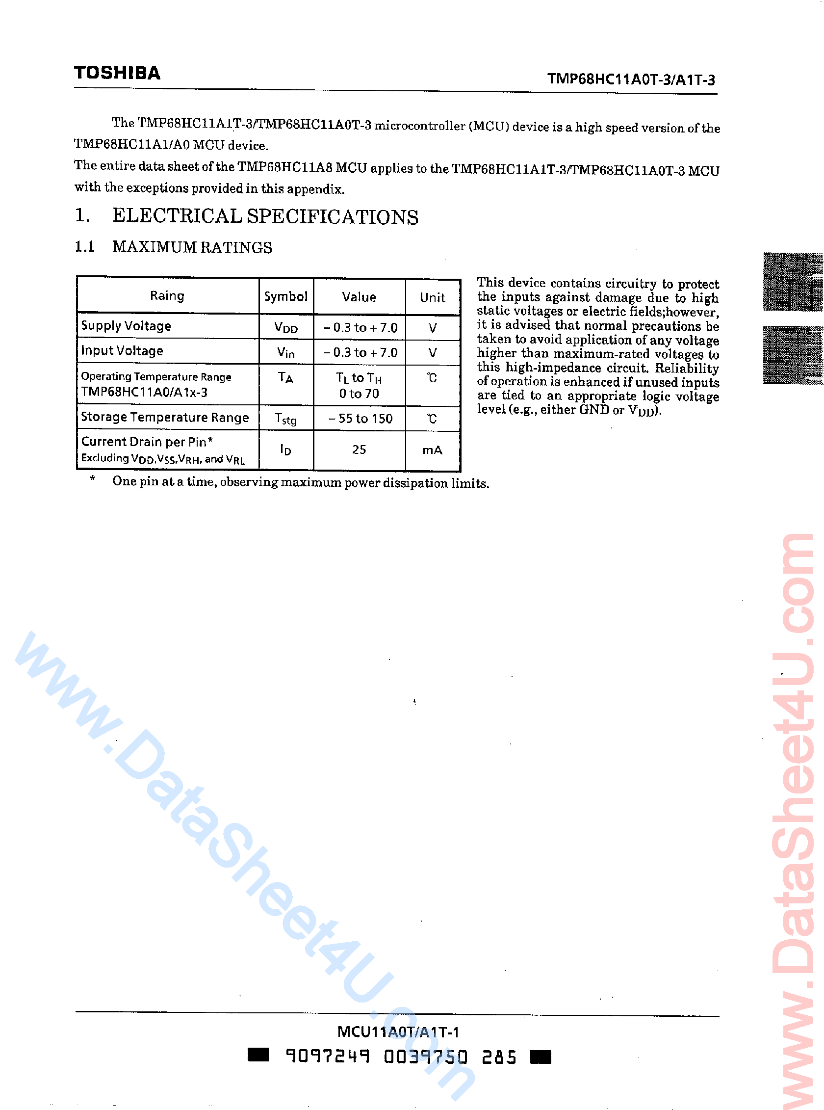 Даташит TMP68HC11A0T-3 - Microcontroller страница 1