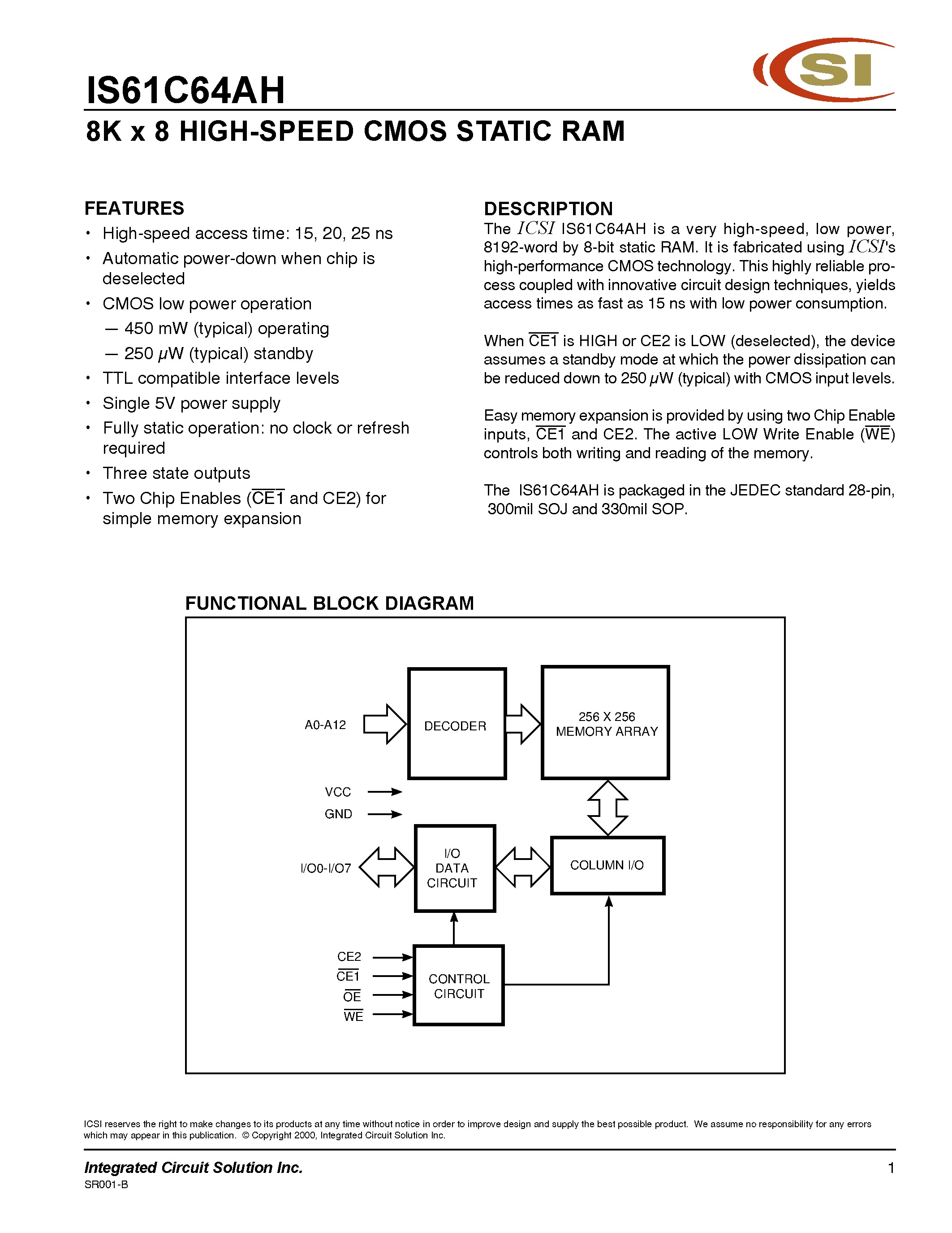 Даташит IS61C64AH - 8K x 8 HIGH-SPEED CMOS STATIC RAM страница 1