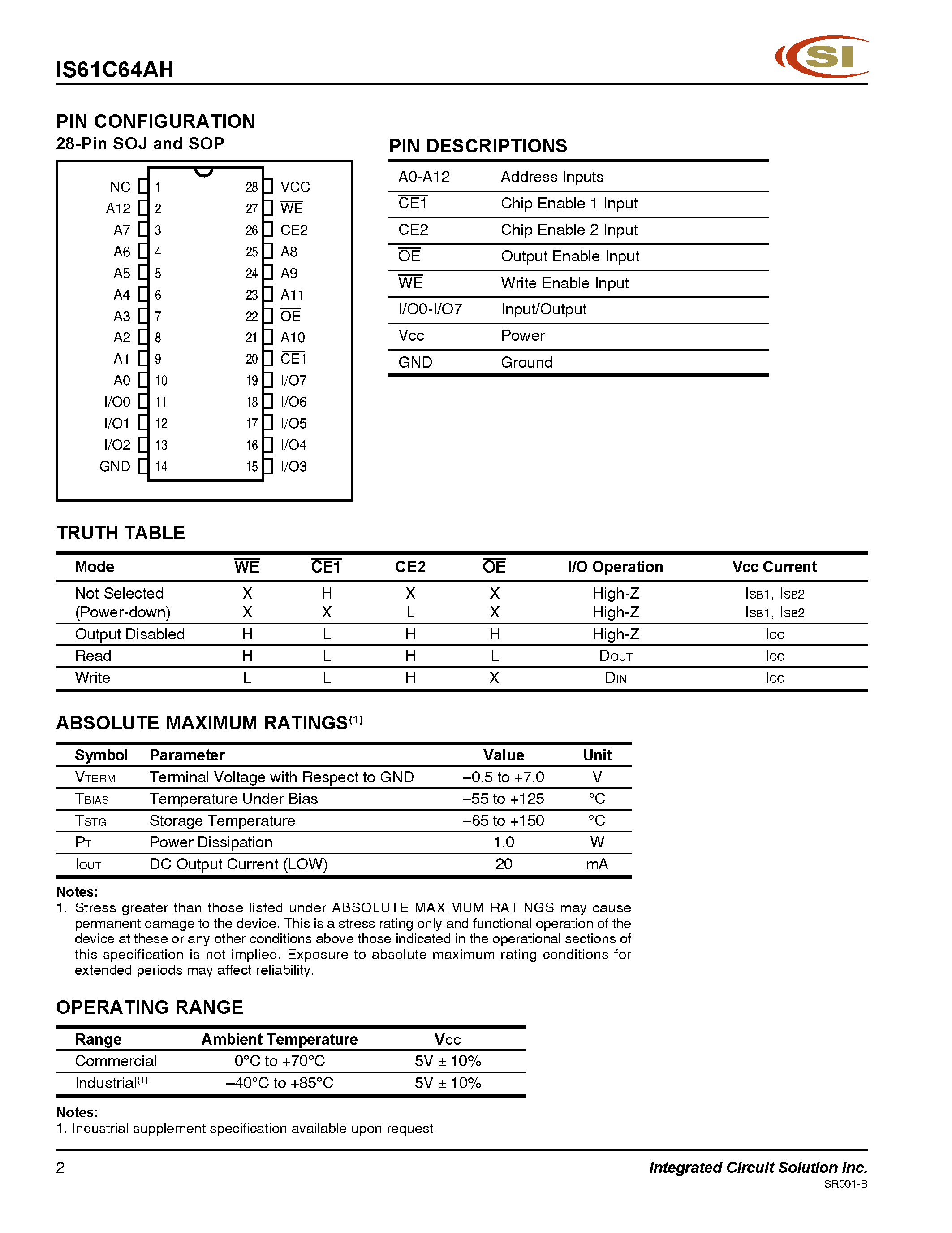 Даташит IS61C64AH - 8K x 8 HIGH-SPEED CMOS STATIC RAM страница 2