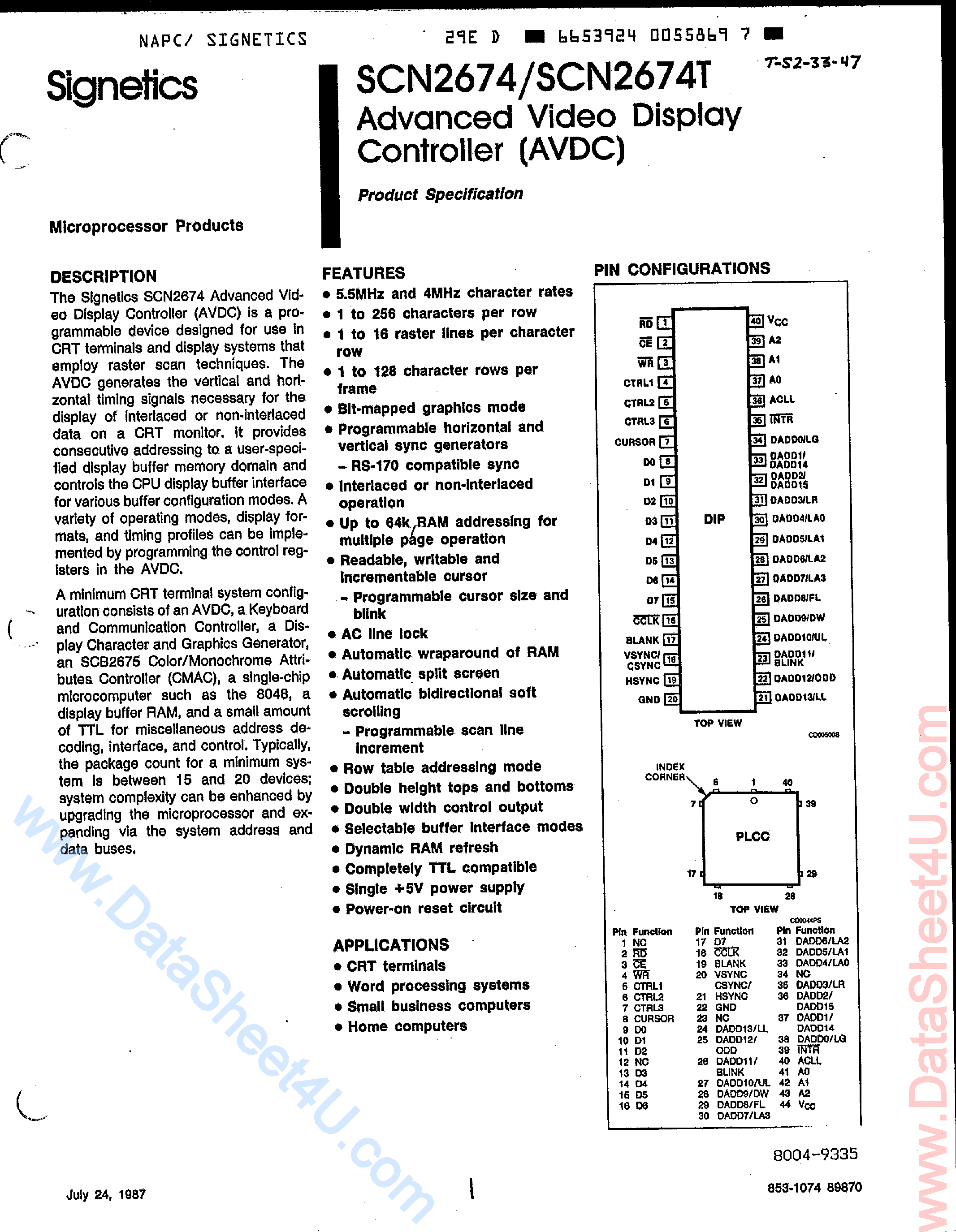 Даташит SCN2674 - Advanced Video Display Controller страница 1