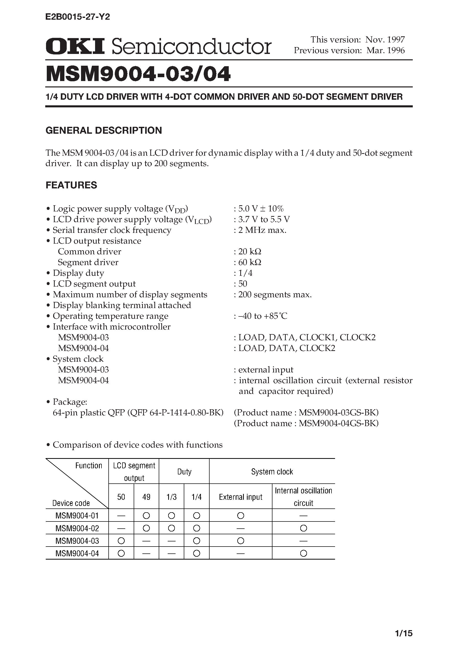 Datasheet MSM9004-03 - (MSM9004-03/04) 1/4 DUTY LCD DRIVER WITH 4-DOT COMMON DRIVER AND 50-DOT SEGMENT DRIVER page 1