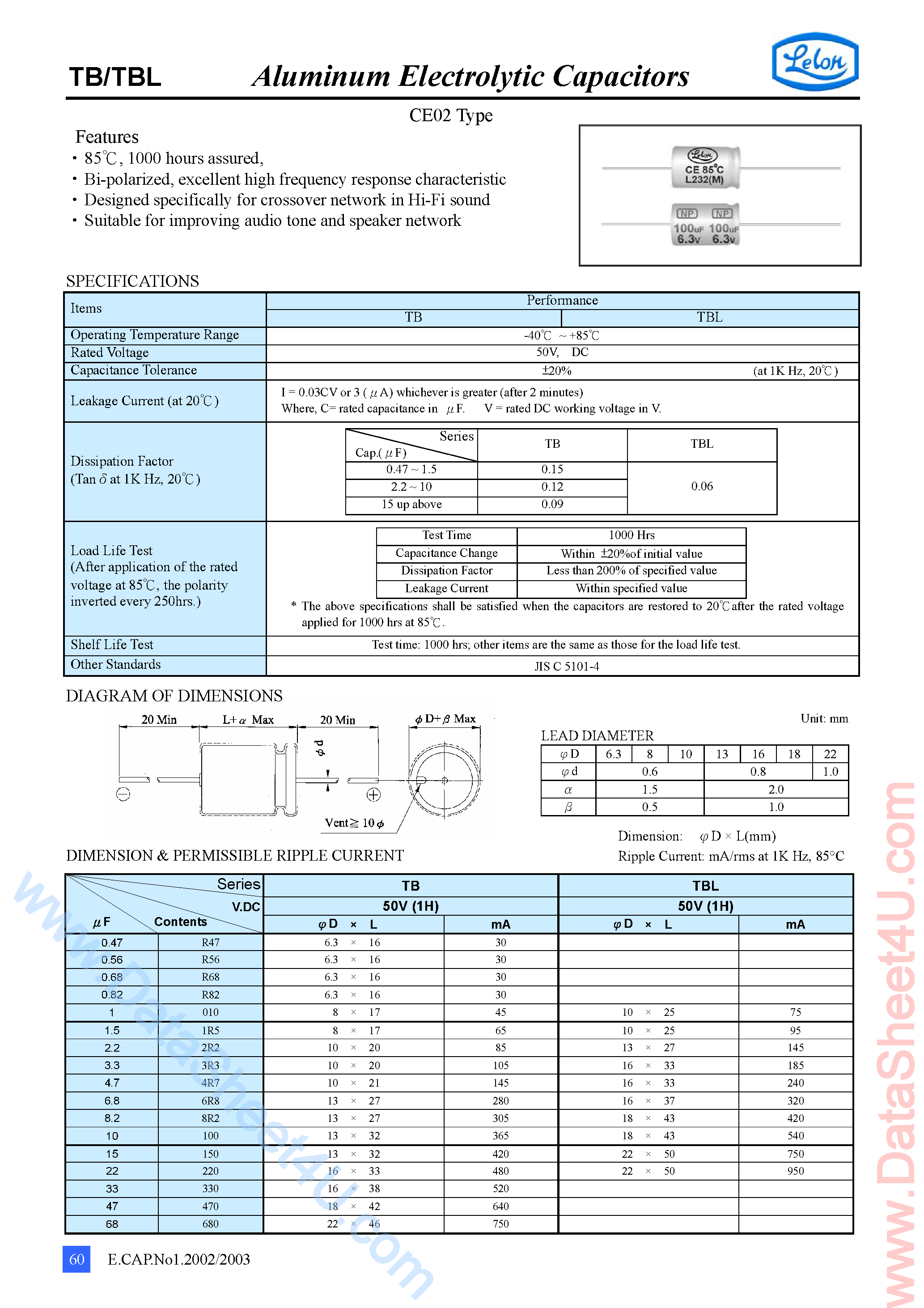 Datasheet TB680M1HBK - Aluminum Electrolytic Capacitors page 1