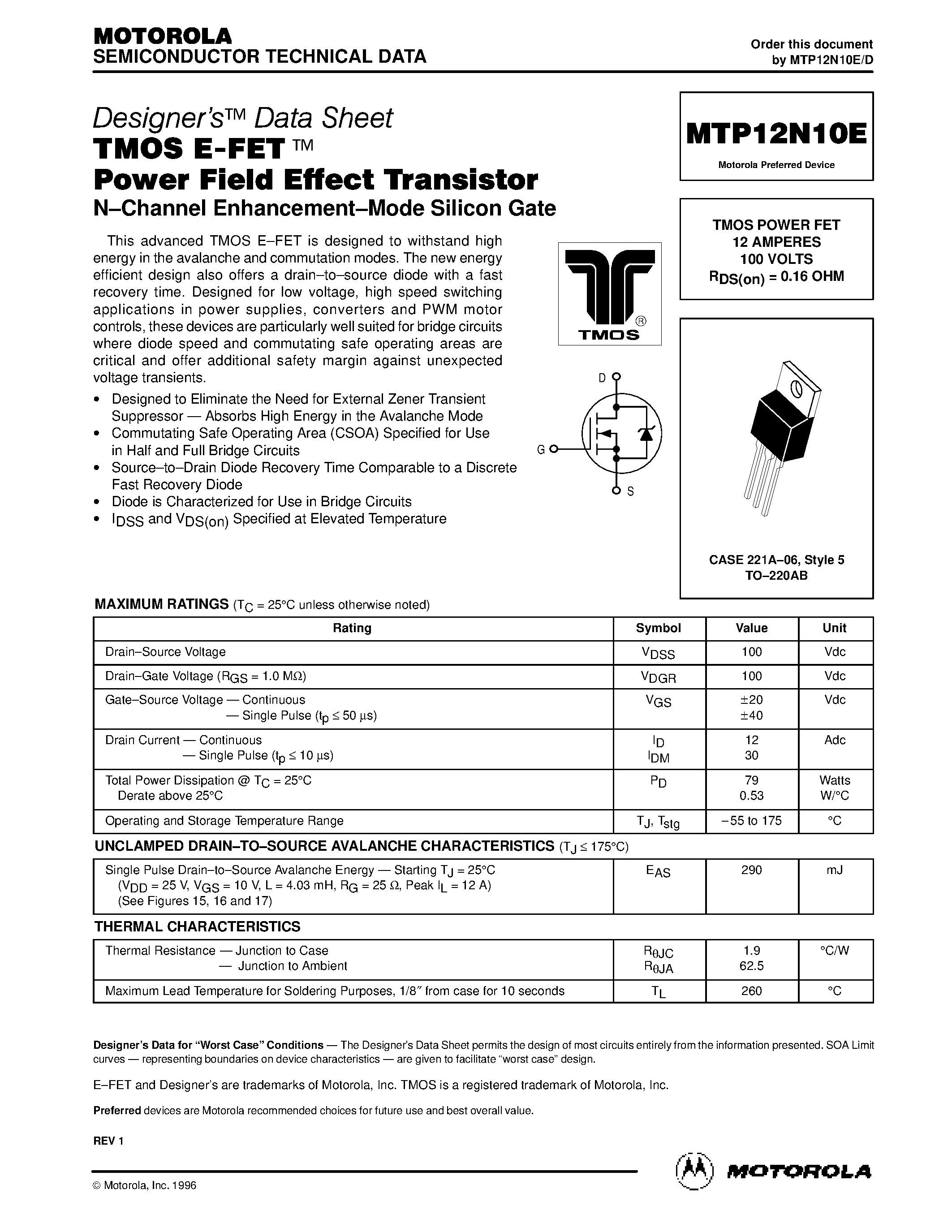 Datasheet MTP12N10E - TMOS POWER FET 12 AMPERES 100 VOLTS RDS(on) = 0.16 OHM page 1