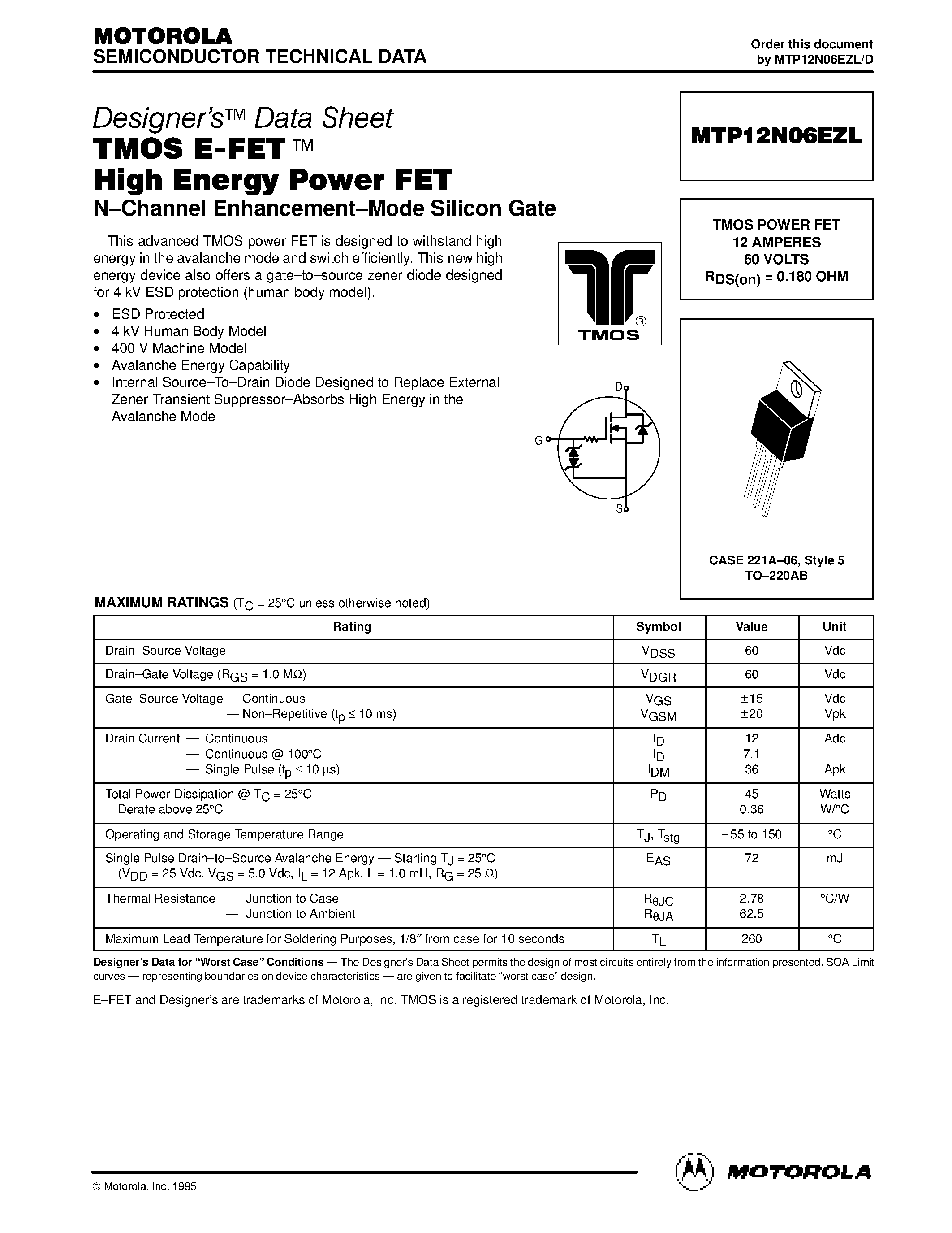 Datasheet MTP12N06EZL - TMOS POWER FET 12 AMPERES 60 VOLTS RDS(on) = 0.180 OHM page 1