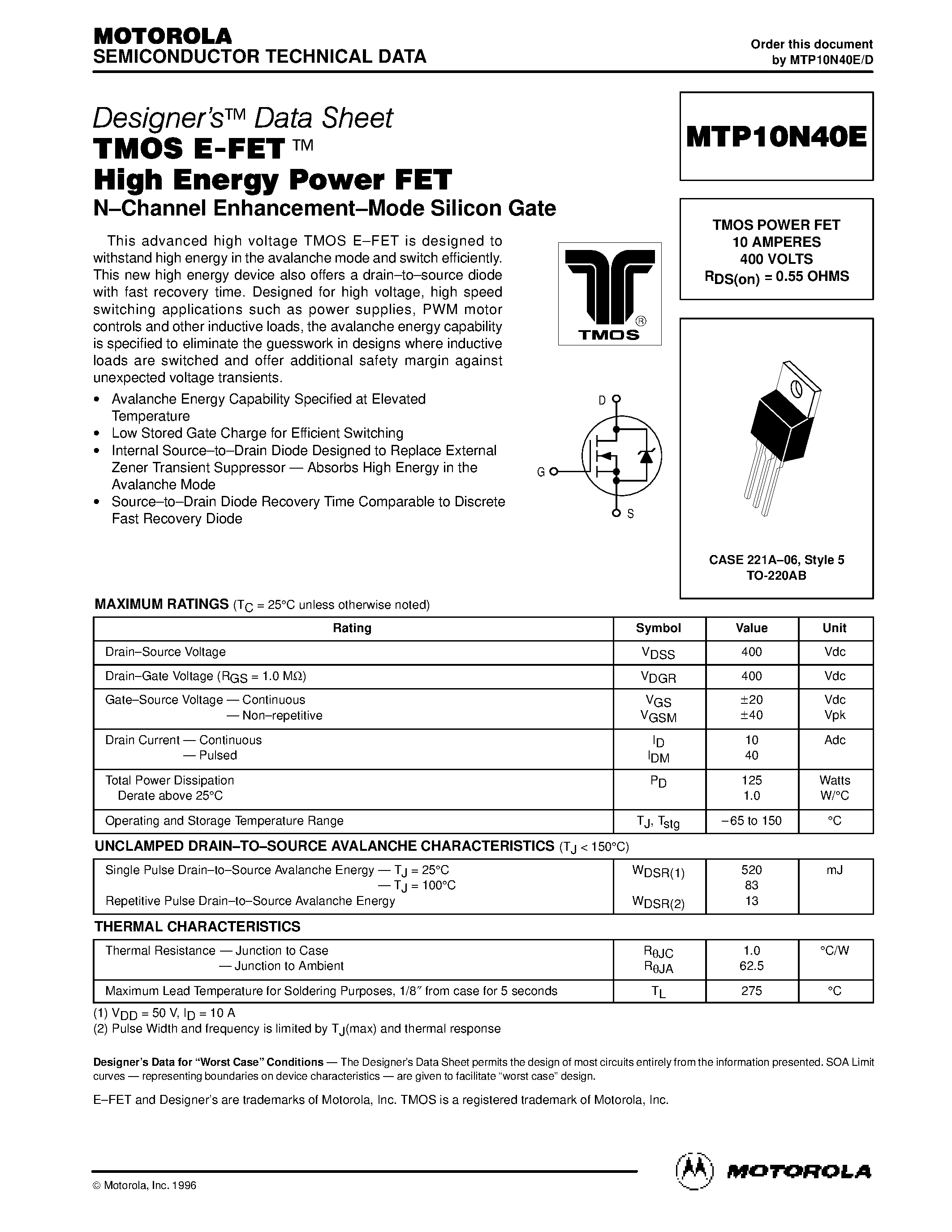 Datasheet MTP10N40E - TMOS POWER FET 10 AMPERES 400 VOLTS RDS(on) = 0.55 OHMS page 1