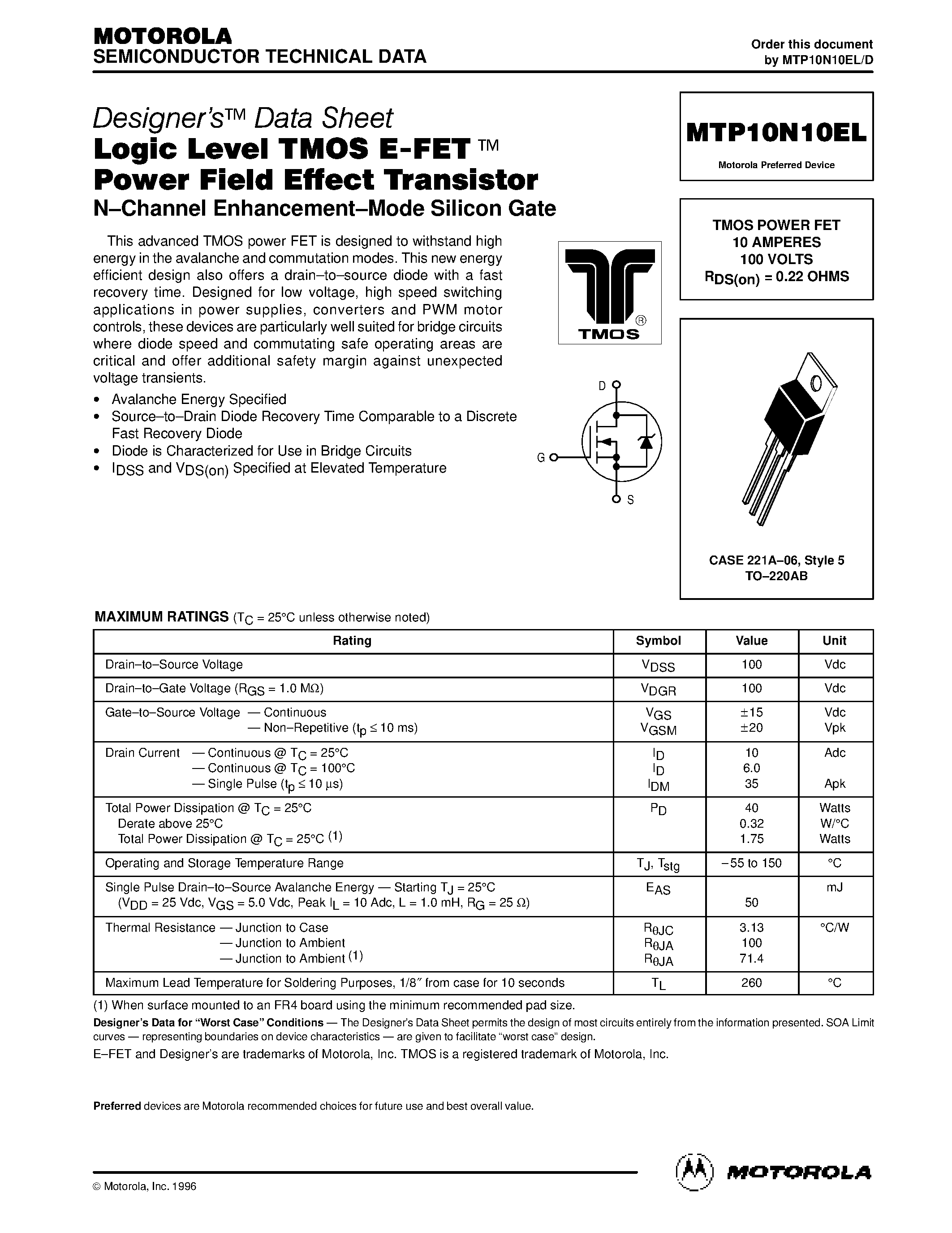 Datasheet MTP10N10EL - TMOS POWER FET 10 AMPERES 100 VOLTS RDS(on) = 0.22 OHMS page 1