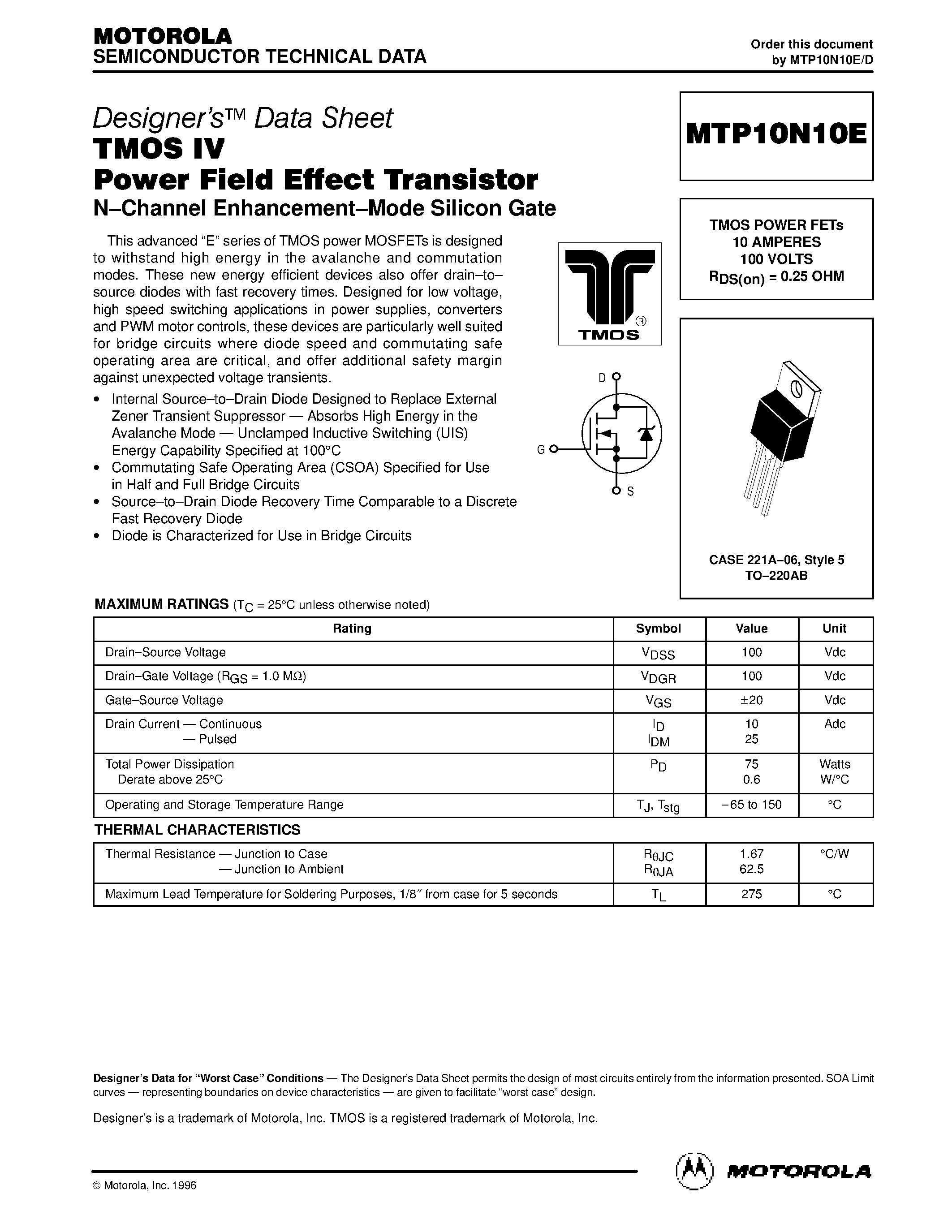 Datasheet MTP10N10E - TMOS POWER FETs 10 AMPERES 100 VOLTS RDS(on) = 0.25 OHM page 1