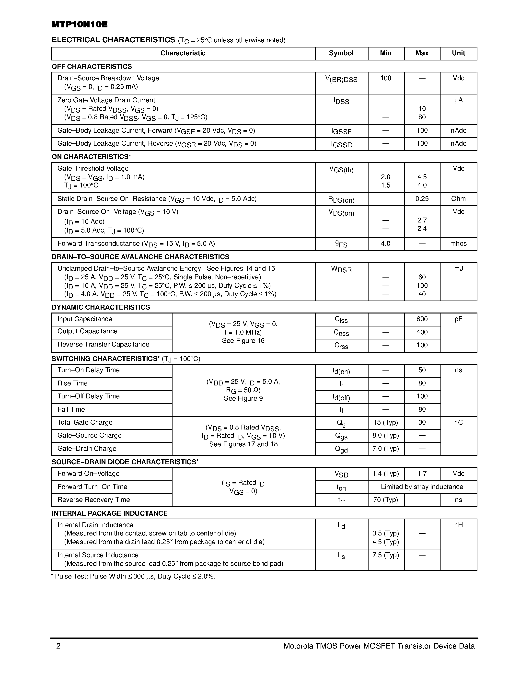 Datasheet MTP10N10E - TMOS POWER FETs 10 AMPERES 100 VOLTS RDS(on) = 0.25 OHM page 2